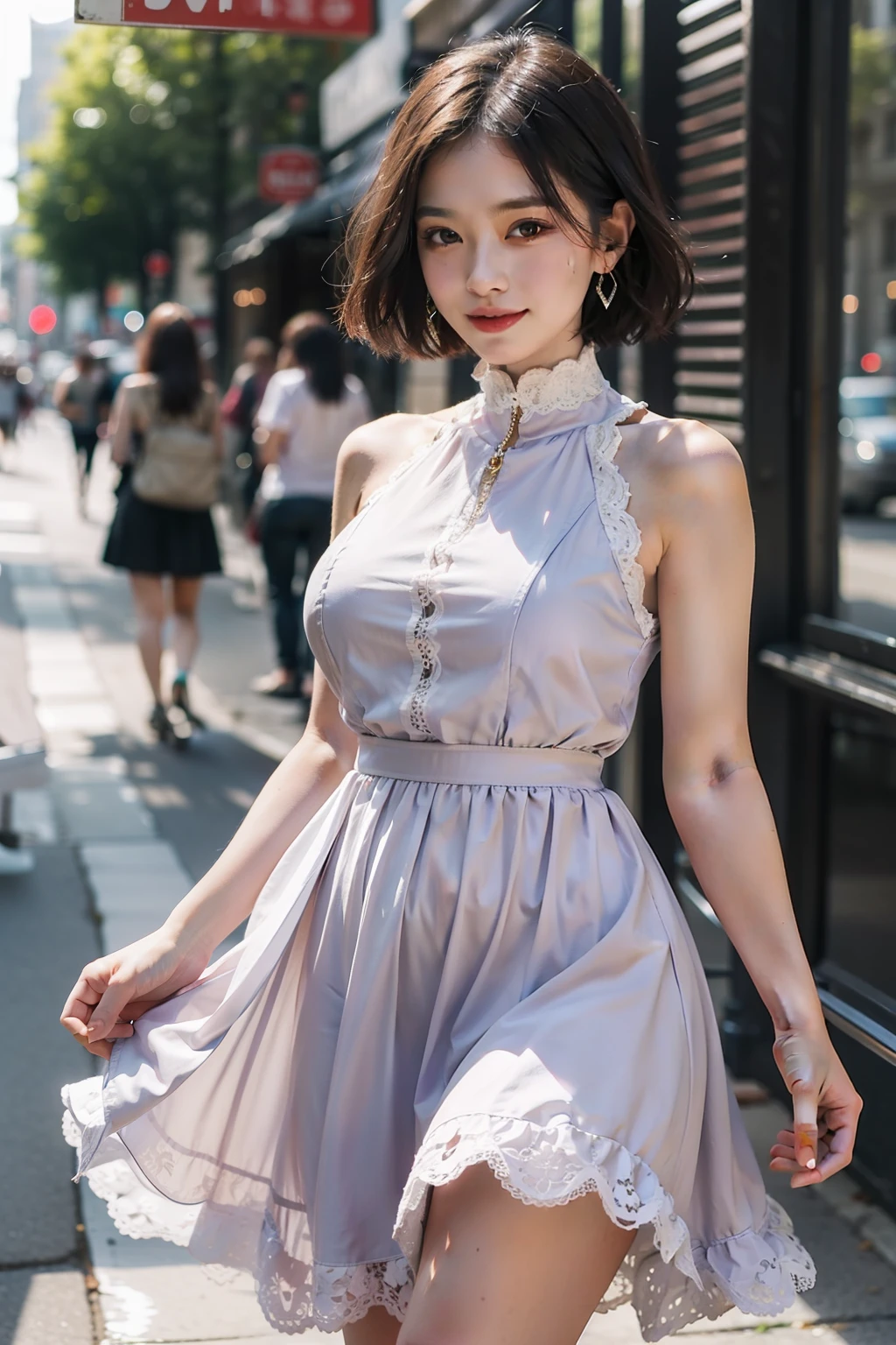 Woman posing on street corner wearing lilac dress, top quality, girl 1 person, big breasts, sun, bright, blurred background, bokeh, outdoor, (street: 0.8), (people, crowd: 1), (cropped with lace) dress: 1.5, sleeveless dress, lilac clothes, lilac high neck dress: 1.2, light purple dress: 1.5), gorgeous (short hair, forehead: 1.2), Beautiful sky in detail, earrings, (Dynamic pose: 1.2), (upper body: 0.8), soft lighting, wind, shiny skin, smile,