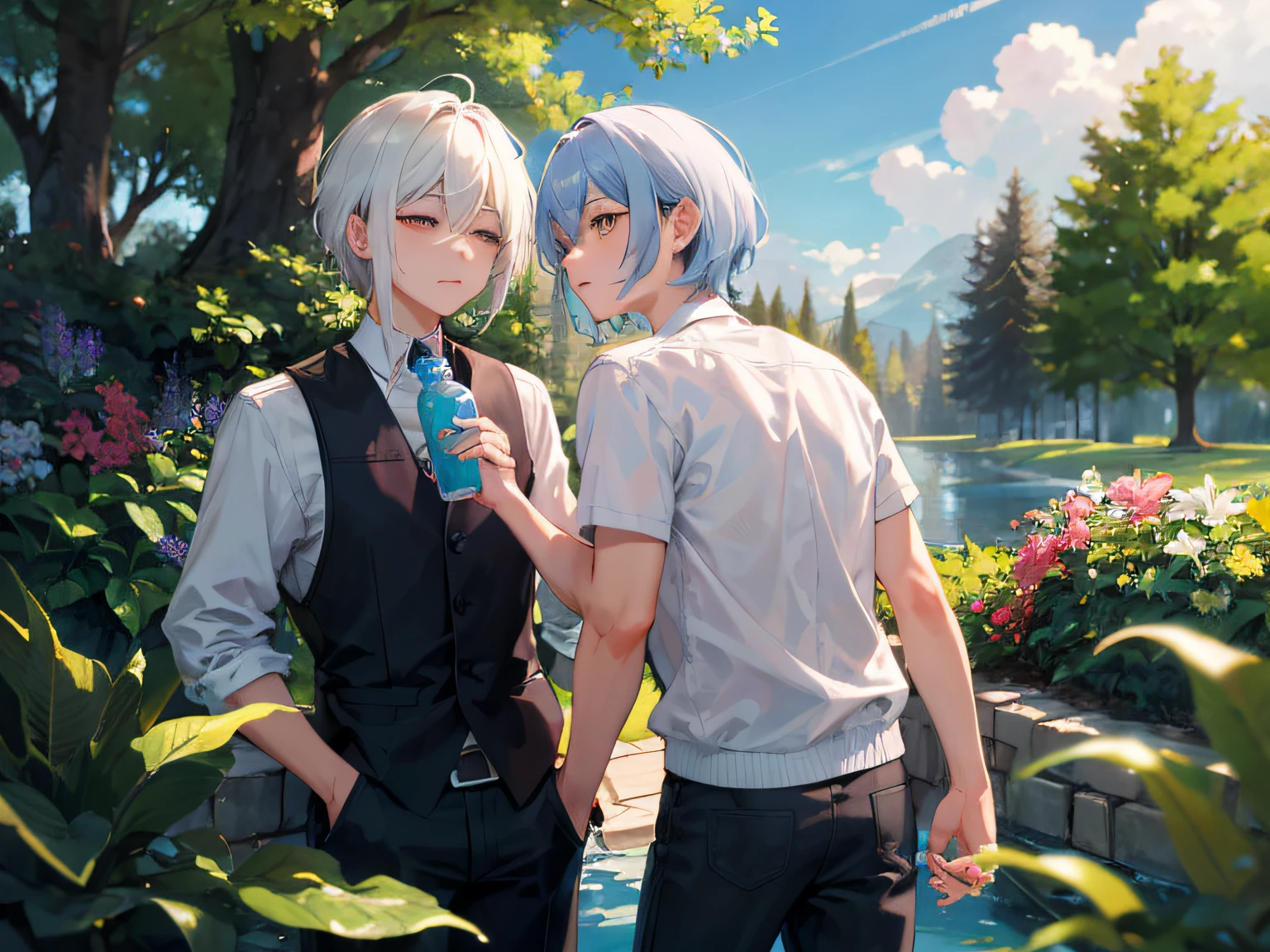 Excellent, masterpiece, white hair, golden eyes, hair, fair skin, men short hair in the garden park male enjoy with closed eyes and face in hand holding a water bottle