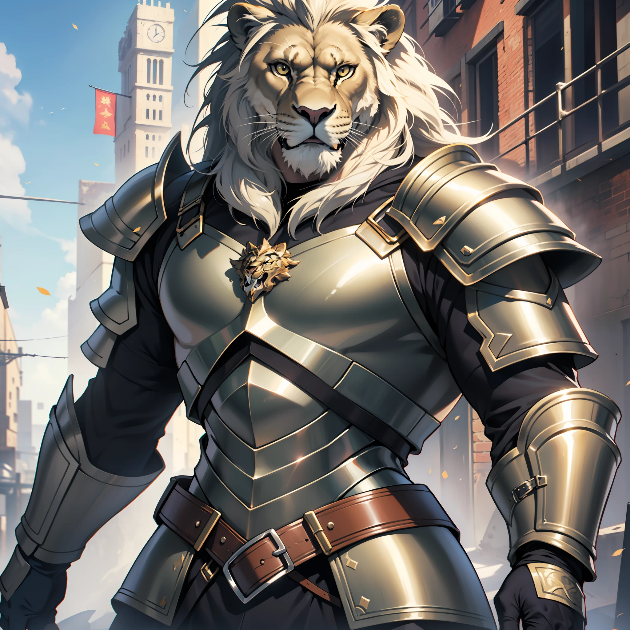 (8k, RAW photo, top quality, masterpiece: 1.2), ultra detail, official art, photorealistic: 1.37, upper body shot, face lion, lion, armor, armor film grain, action pose