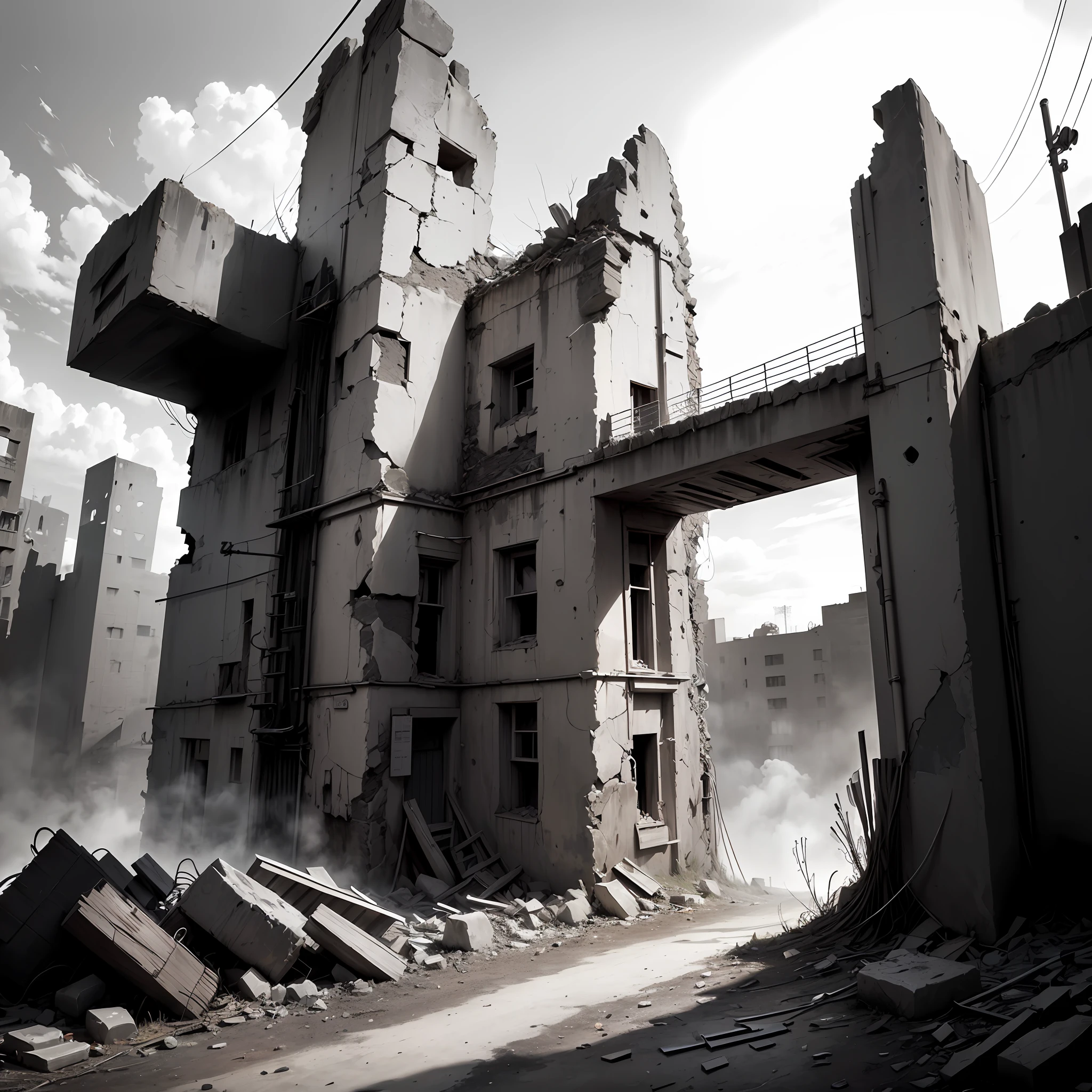(background ancient ruins), original,(illustration:1.2 black and white),(best quality), (masterpiece:1.2), (8k wallpaper, black and white image, made in HB graphite pencils, (panoramic photo:1.4),(full body:1.05), (splashes),((GRAPHITE)), sharp focus, old machinery, rusty scrap, hanging hoses, wires, rubble, outdoors, stones, ruins, forehead --auto
