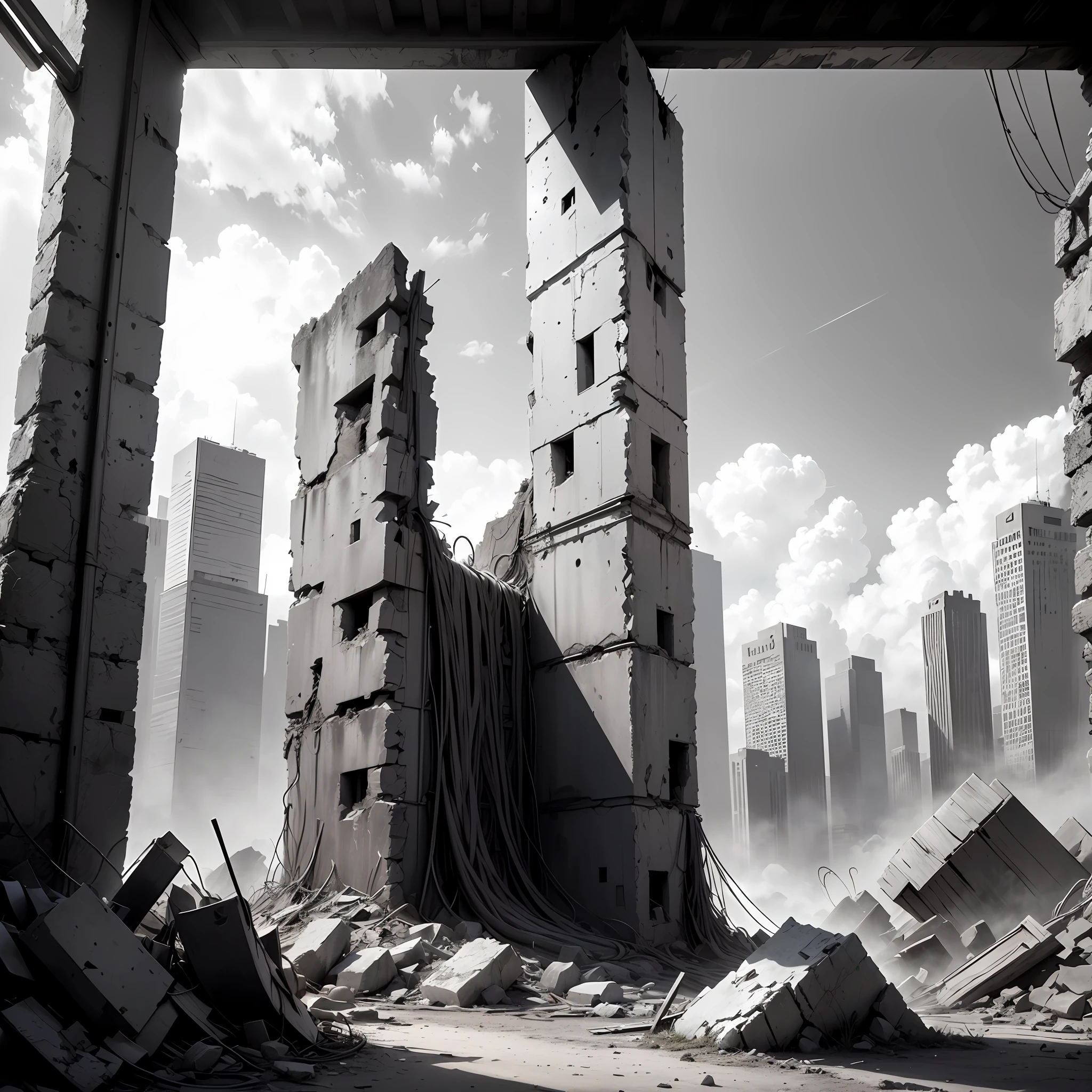 (background ancient ruins), original,(illustration:1.2 black and white),(best quality), (masterpiece:1.2), (8k wallpaper, black and white image, made in HB graphite pencils, (panoramic photo:1.4),(full body:1.05), (splashes),((GRAPHITE)), sharp focus, old machinery, rusty scrap, hanging hoses, wires, rubble, outdoors, stones, ruins, forehead --auto