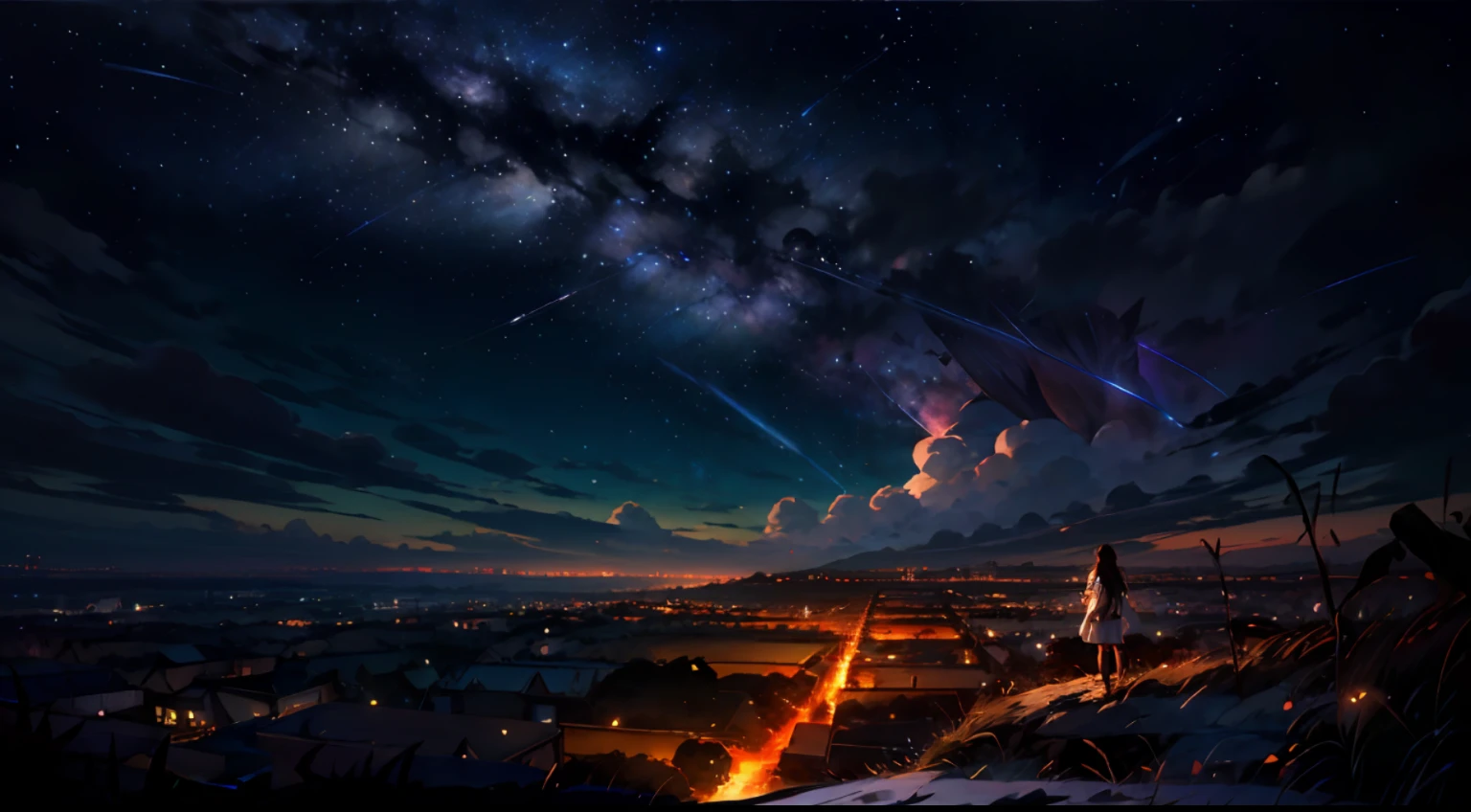 "Reminiscent of 'Your Name', a sky style inspired by distant horizons, featuring a lone girl standing amidst a night landscape. Meteorites gracefully descending towards the earth. " --auto