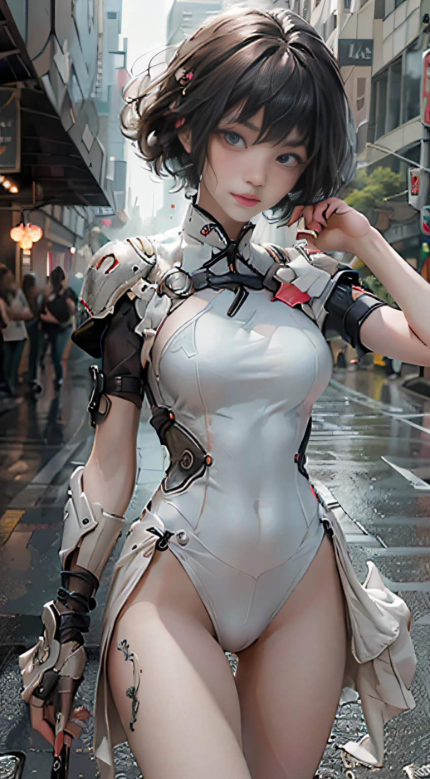 (Masterpiece: 1.2), Best Quality, Best Quality, Complex, Original, Hi-Res, Absurdity, 8k, Ultra Detailed, (Detail Eyes: 1.2), (1girl: 1.1),Rain Style,(Pavement:1.2),, Cityscape, Beautiful Cyberpunk Female Figure, Short Hair, Bangs, Beautiful Legs, Perfect Proportions, Detailed Skin, Beautiful Delicate Face, Beautiful Delicate Eyes, (Real, Photo Real: 1), White cheongsam, body armor