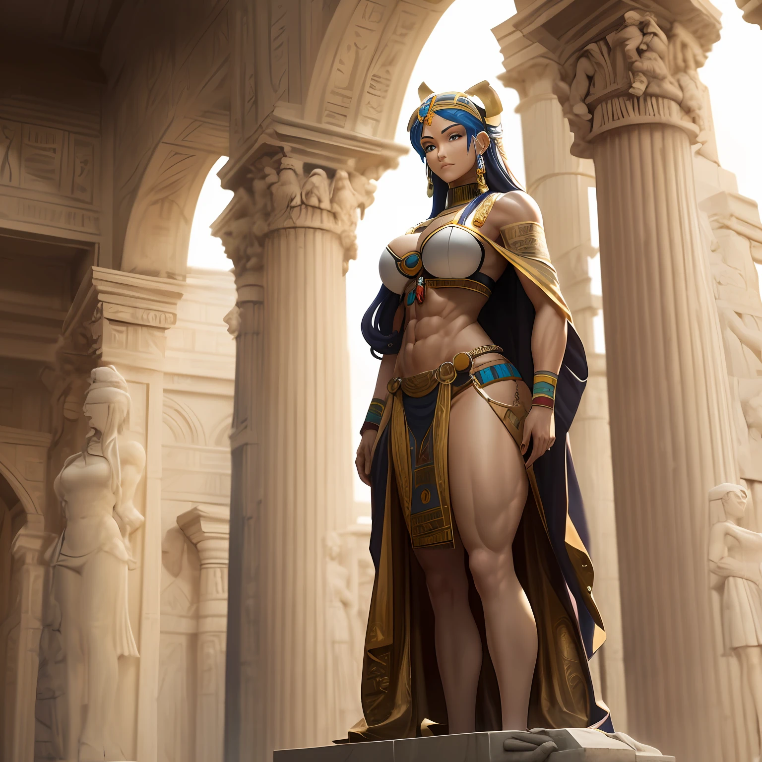 ("Nefertari Vivi":1.1) , ( 1girl ) , alone , Muscular anime Girl , wheyfu girl , as a white stone marble figure , female statue , ancient roman statues , upright --auto