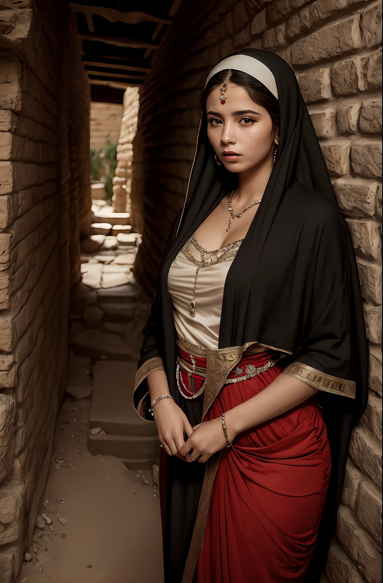 Beautiful prostitute Rahab resident of the ancient city of Jericho, as a real-life version of (/young woman/):1.2), (in an ancient world :1), by ultra realistic highly detailed intricate photorealistic style photography, ancient harlot