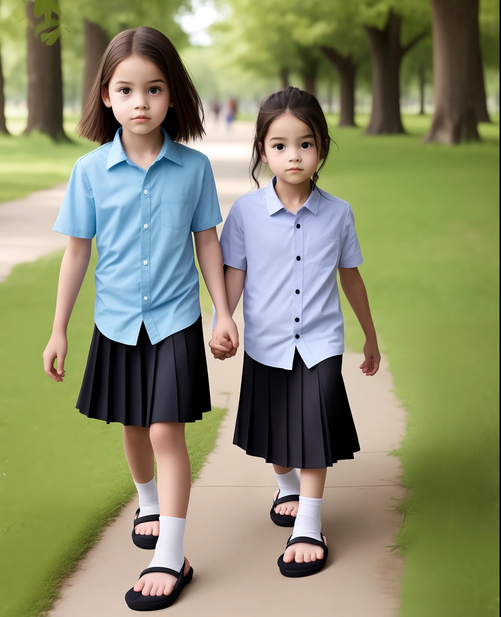 Child girls with realistic face wearing a men's shirt wearing a skirt and wearing a slipper walking through the park