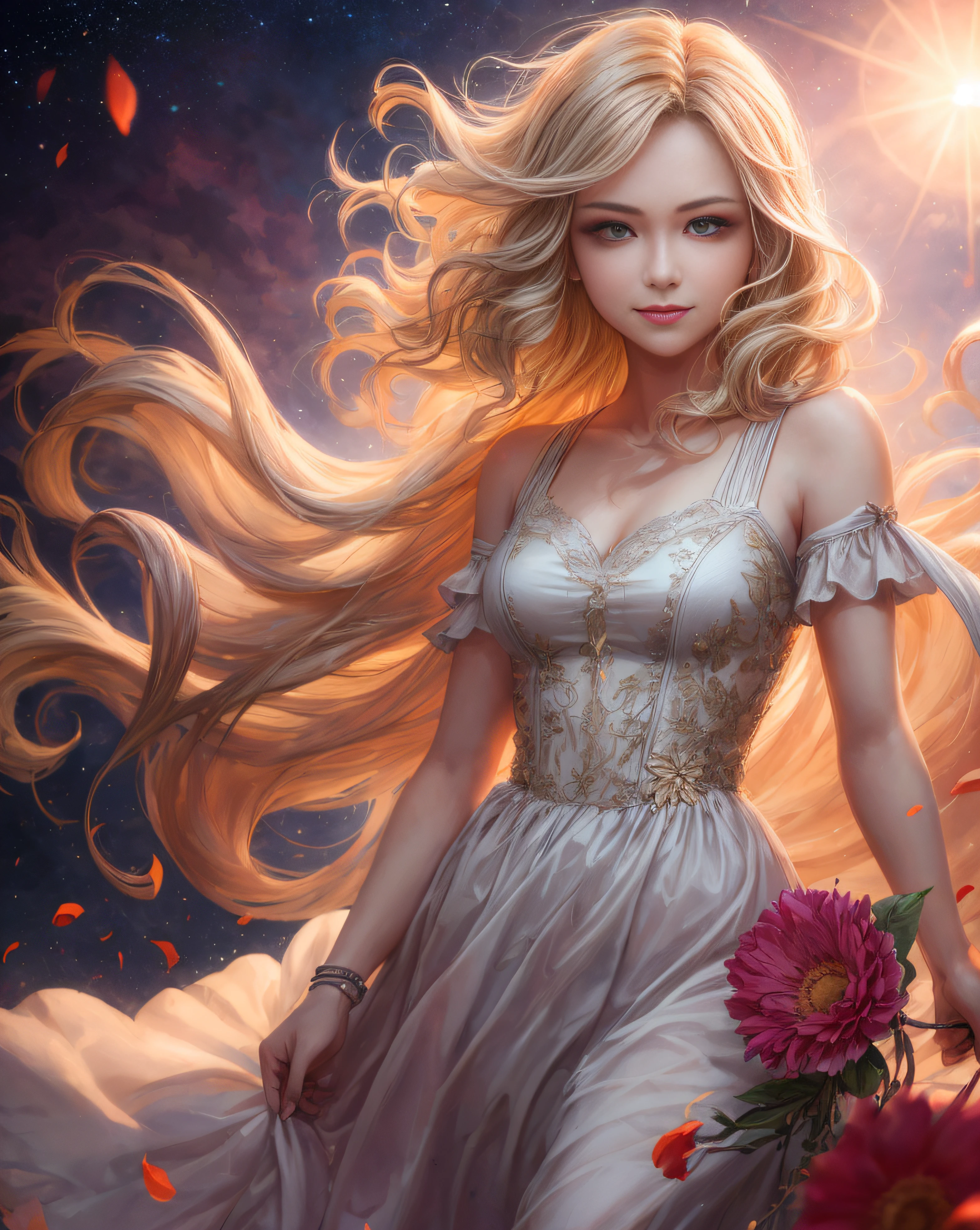 (best quality, masterpiece), young woman, pose, happy, particle, wind, flower, upper body, simple background, looking at viewer, long curly windblown blonde hair, galaxy,backlit,rimlight,beautiful artwork,perfect composition