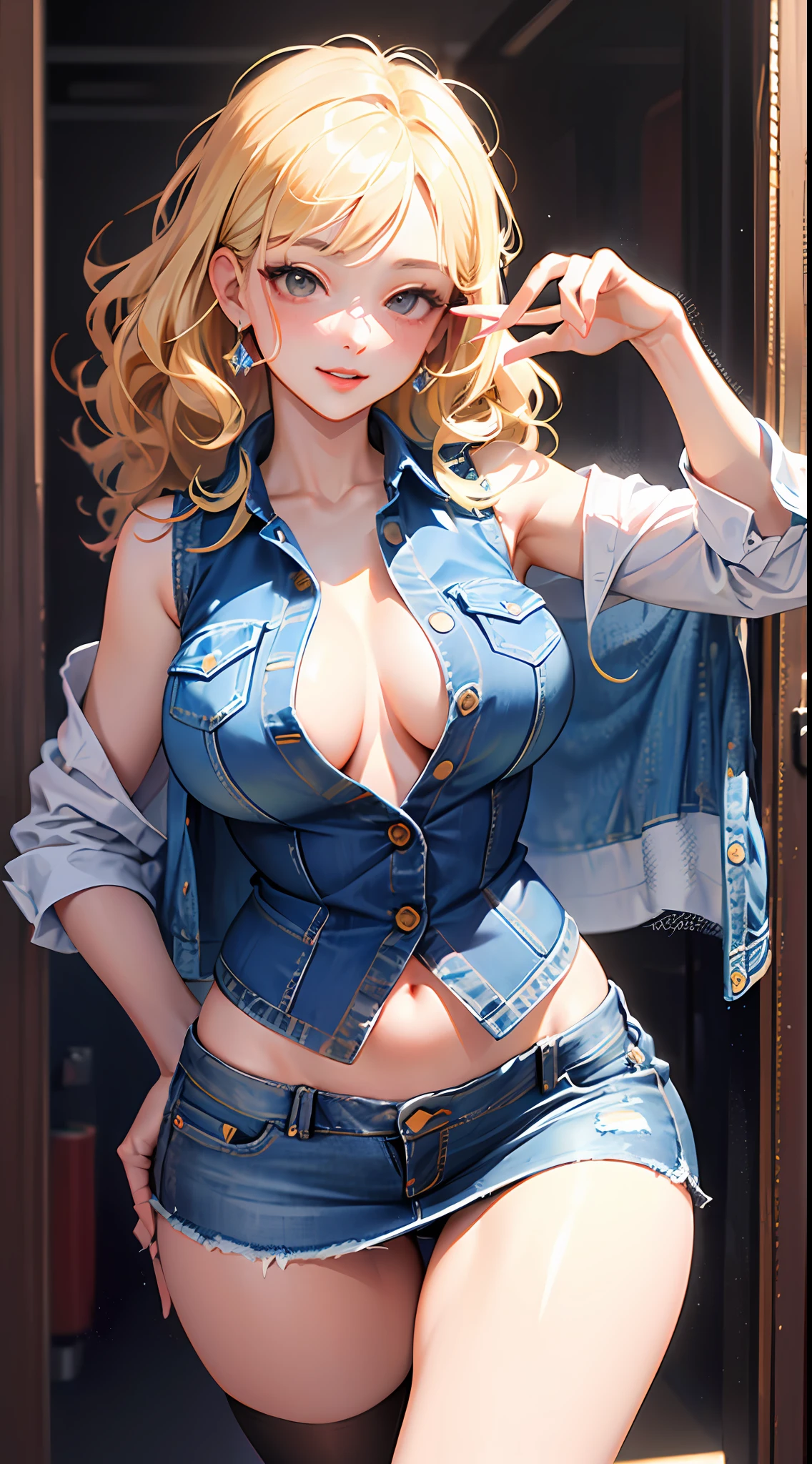 (Masterpiece: 1.4, Best Quality), (Intricate Details), Unity 8k wallpaper, super detailed, beautiful and beautiful, perfect lighting, (1 girl), (blonde hair, black eyes, big breasts), dynamic pose, dynamic angle, lipstick, big breasts, detailed background, realistic, solo, perfect detailed face, detailed eyes, highly detailed, blush, hair accessories, smile, (denim vest, no underwear, open vest, exposed internal test breasts: 1.5), exposed navel, (super short denim skirt:1.5), thin waist, big ass, standing, (Long wavy, curly, long wavy), long hair, femininity, knees
