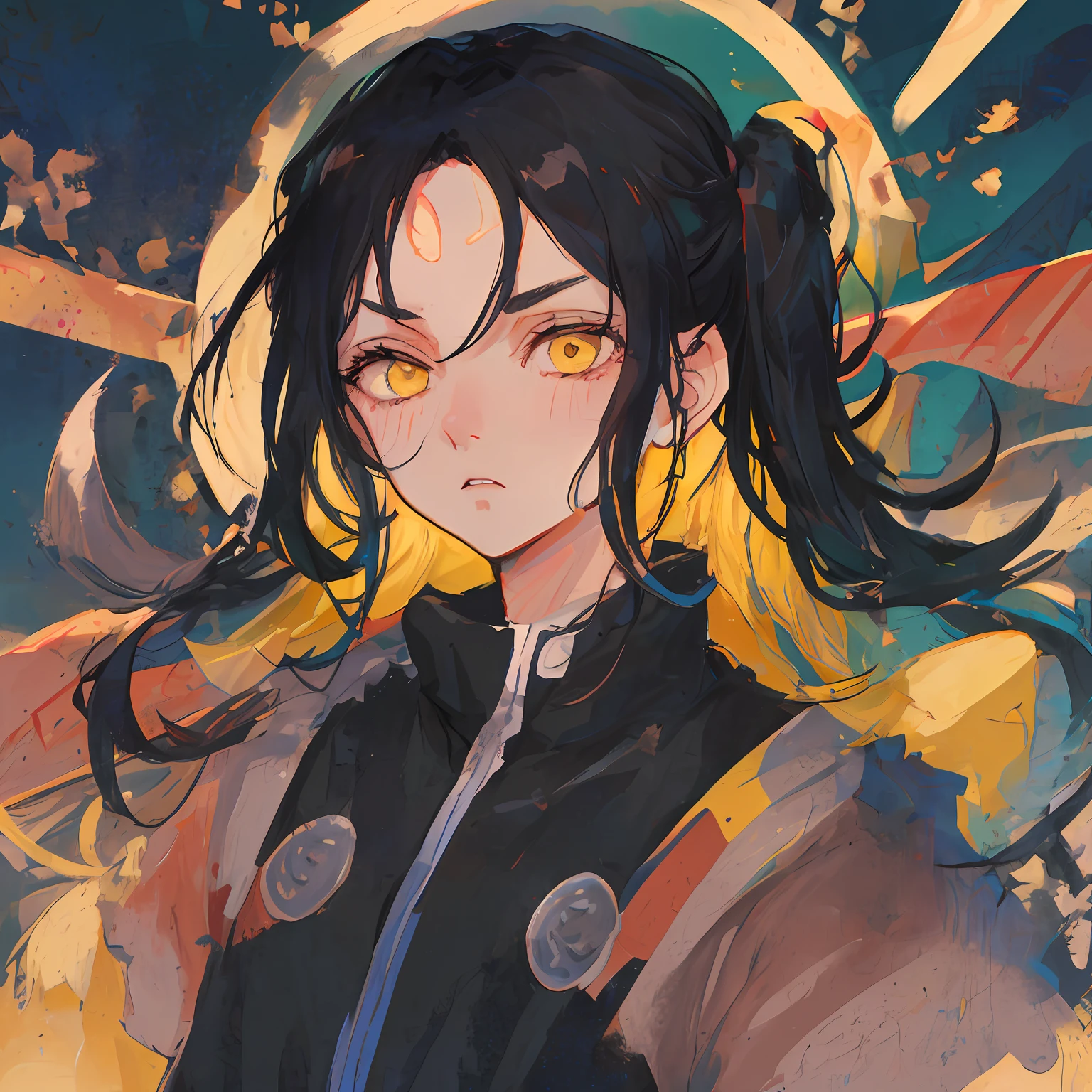 long bluish black-blue hair with long bangs covering partially face and ears , yellow eyes with a black dot in the middle, large forehead fleshy lips, thin eyebrows, big nose, light eyes with tired look, ninja naruto art style, hair tied for two matchsticks, Round chin, wide and pointed nose, sad look