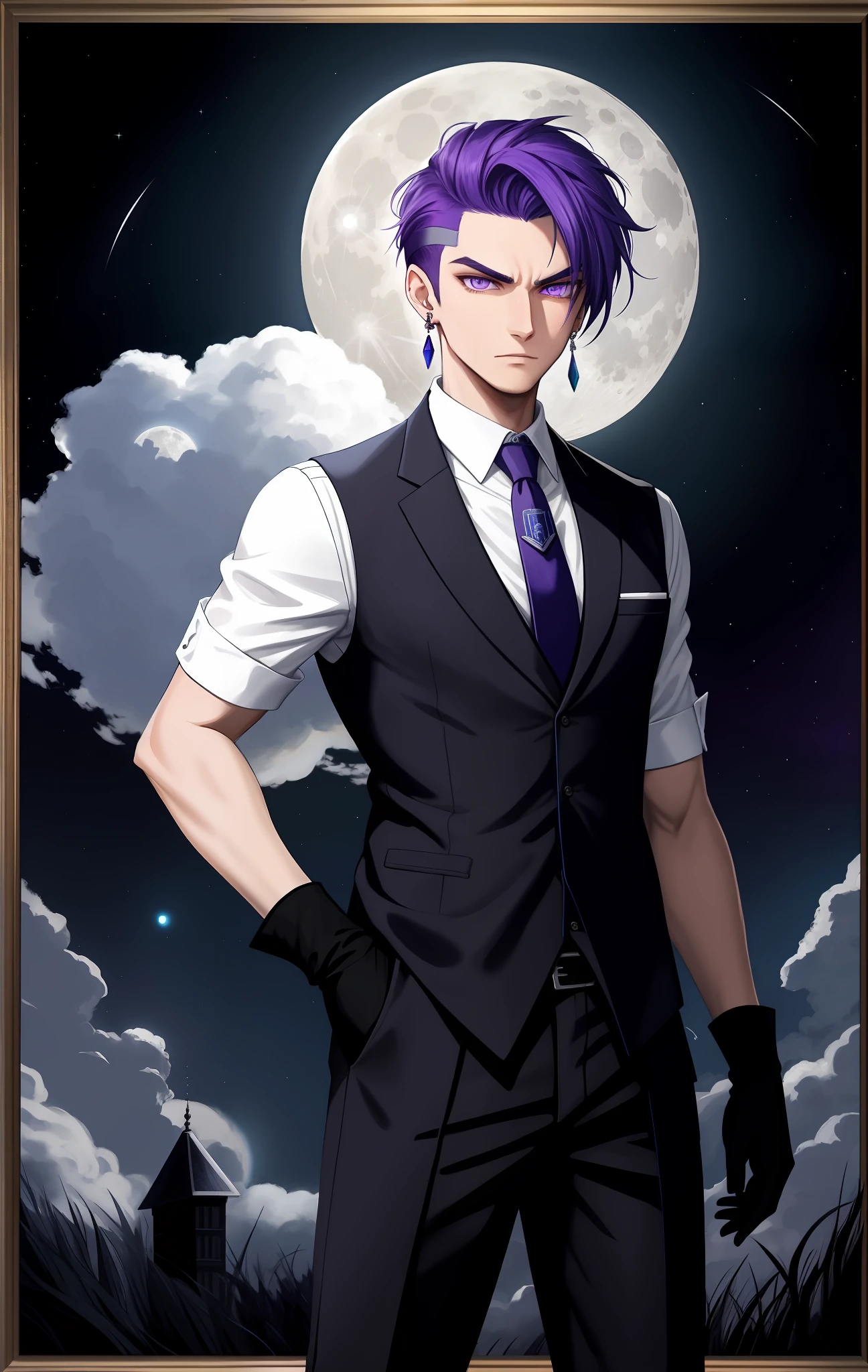 twenty-five-year-old man wearing vest and sleeveless dress shirt with gloves elegantly shaped, social hair with paintings on the sides with moon and Dna patterns, wearing a fluorescent blue watch and purple eyes, evil look, purple tie, earrings, sides of shaved hair