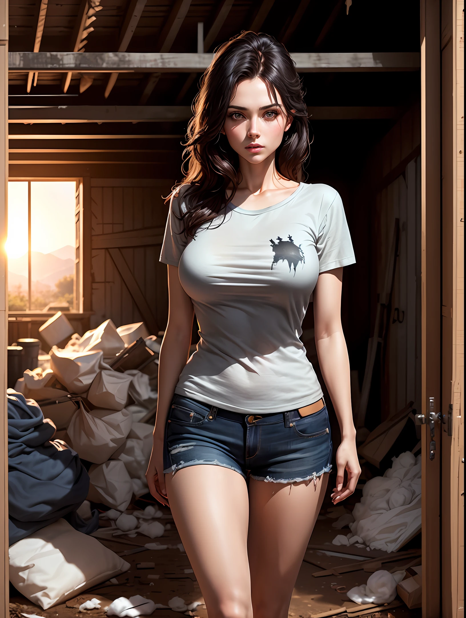 Hyper real photo of ((full-body woman inside a messy barn with a sexy worn cotton t-shirt)), ((detailed realistic face and eyes)), cinematic lighting, 8K resolution, (modelshoot style), sunset, (from_below:1.4), large breasts