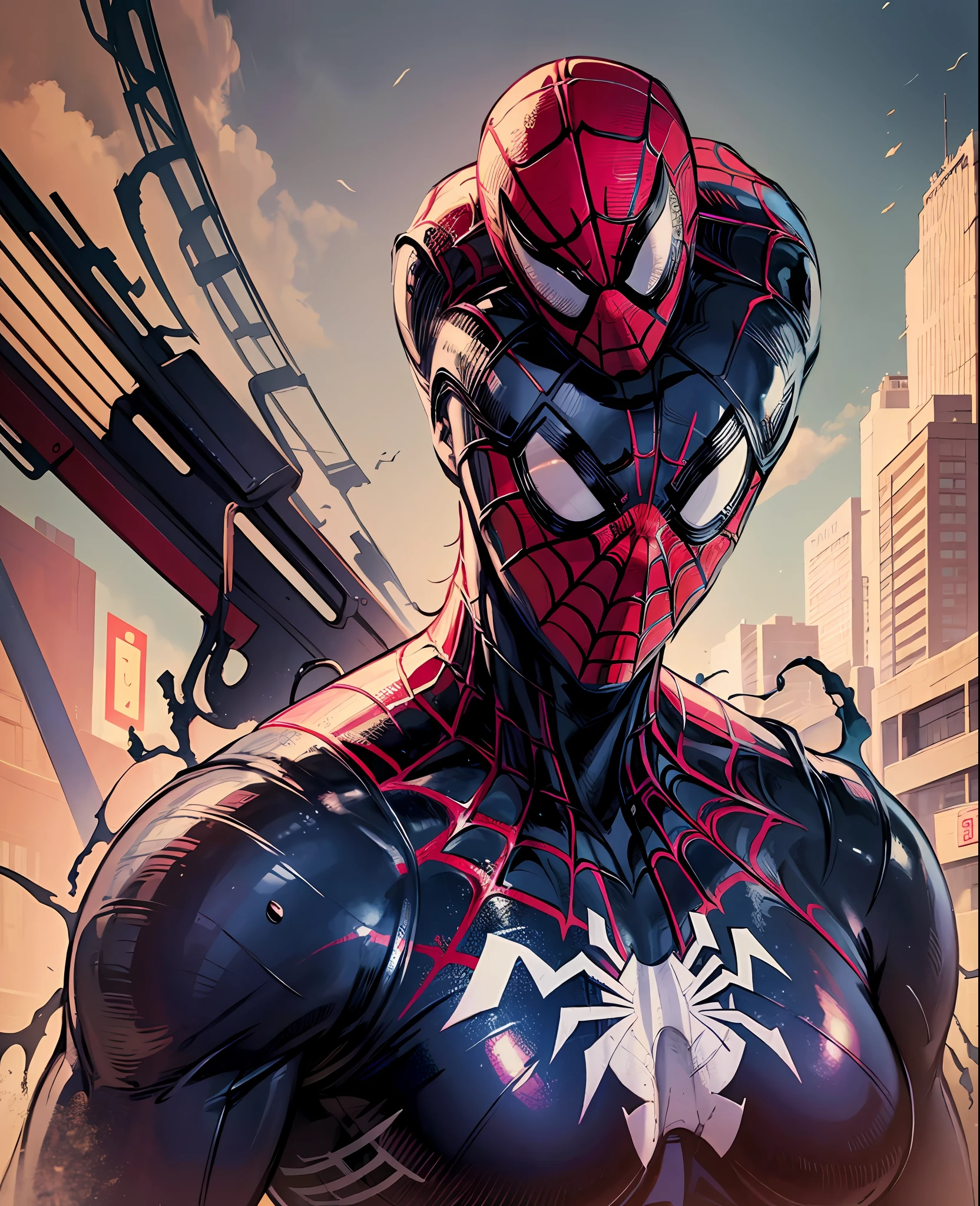 spider man, organic-looking outfit, gooey testura, symbiote, white eyes, fine art, cinematic scene, highly detailed detailed cinematic rendering, ultra photorealistic raytricing, with cinematic lighting