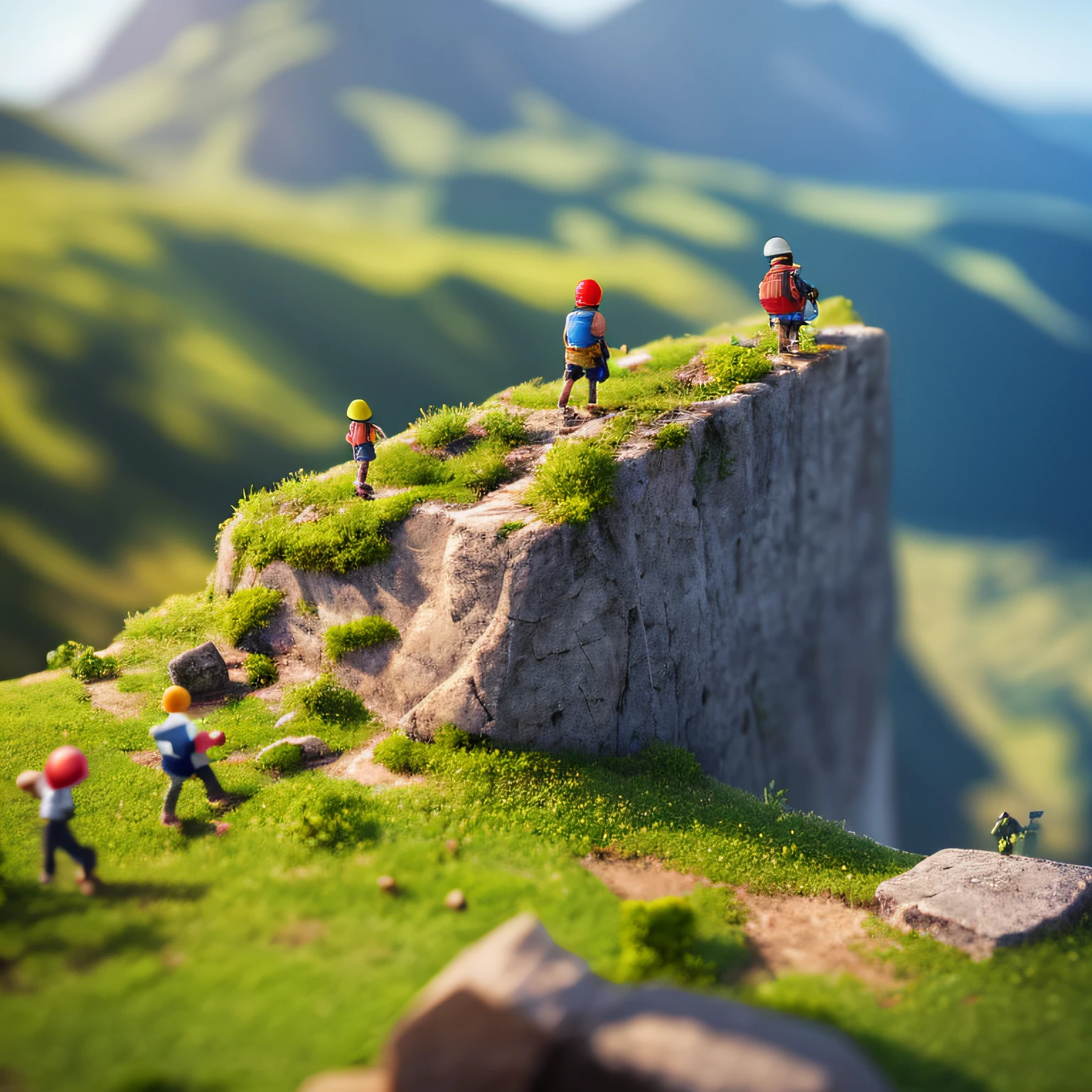 some tiny little people toys are climbing a mountain, natural light, miniature, blur background, clear details, tilt-shift, macro photography, isometric, 3d --auto