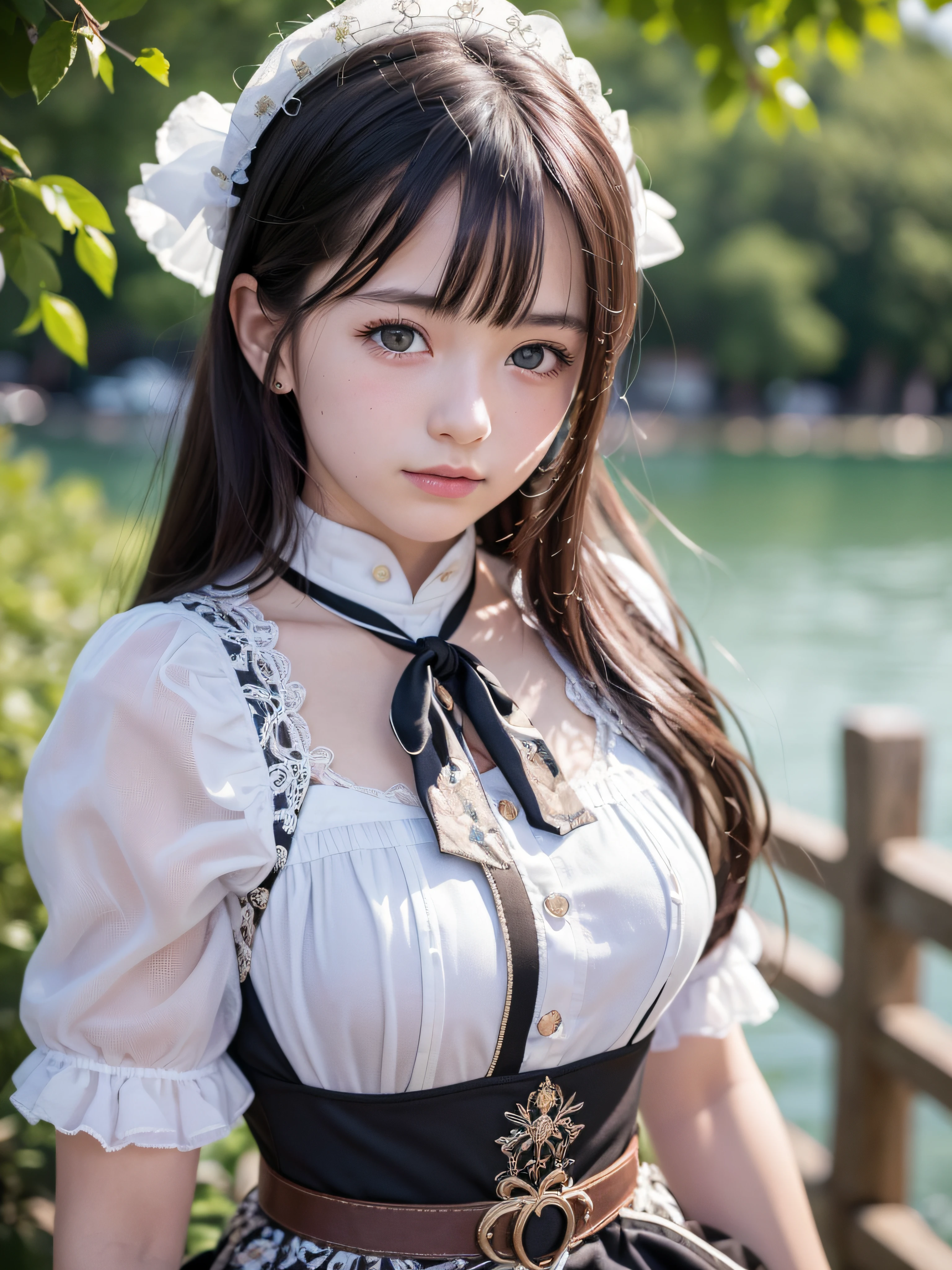 (realistic, photo-realistic:1.37), incredibly absurdres, (insanely detailed:1.3), 8k, (masterpiece), (best quality:1.4), (ultra high res:1.2), (RAW photo:1.2), ultra detailed background, (unity 8k wallpaper), 1 nogizaka girl, utterly cute, (((bishojo:1.4))), (((:1.35))), (chiemsee tracht), an exquisitely detailed and beautiful face and eyes and skin, detailed black shine hair, small-medium breasts, a chiemsee tracht with delicate and beautiful soft fabric, smile at the camera, cowboy shot, the view from lake geneva, professional lighting