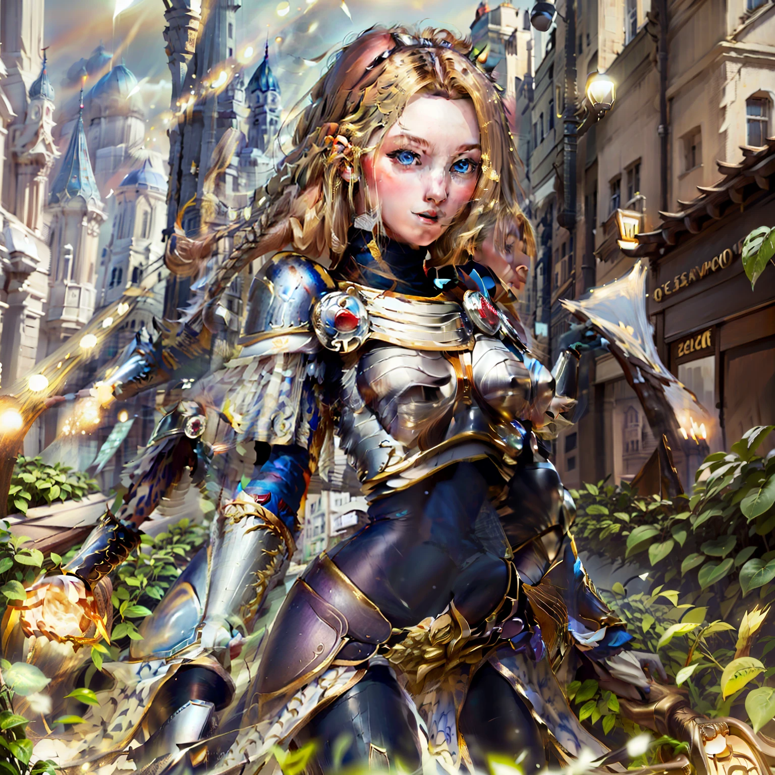 Lux, lol lux, best quality, masterpiece, blonde, medium breasts, classic lux clothing, black ribbon as head ornament, silver armor with golden edges, light staff in hand, 1beautiful woman, in city