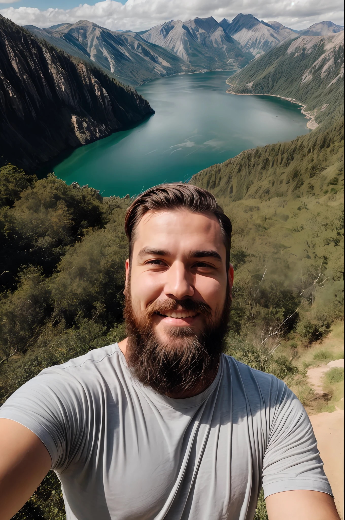 Bearded man taking selfie in a landscape
(Bonus: add camera and landscape emoji)