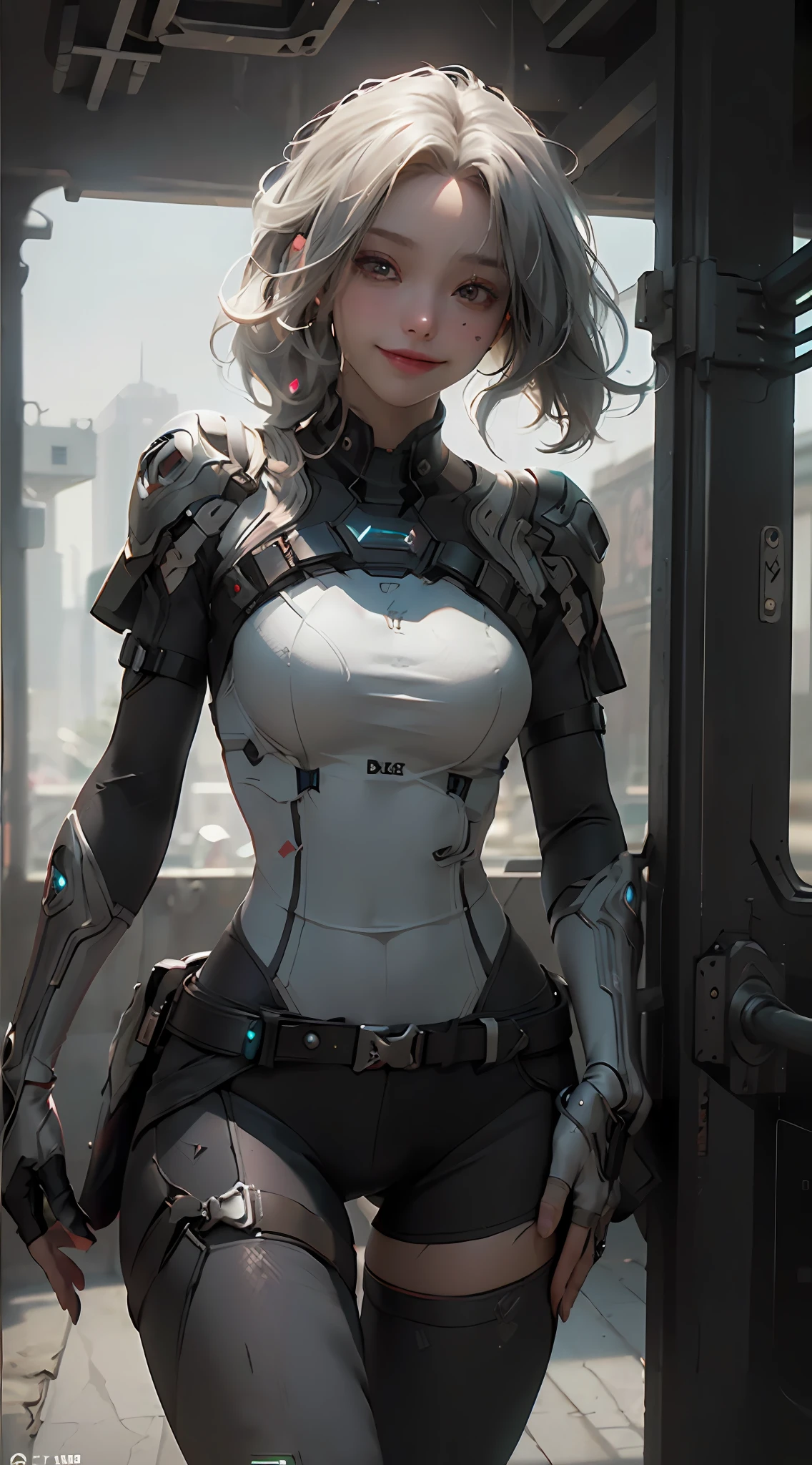 (Best Quality), ((Masterpiece), (Detail: 1.4), 3D, A Beautiful Cyberpunk Female Figure, Smile, HDR (High Dynamic Range), Ray Tracing, NVIDIA RTX, Super-Resolution, Unreal 5, Subsurface Scattering, PBR Textures, Post-processing, Anisotropic Filtering, Depth of Field, Maximum Sharpness and Sharpness, Multi-layer Textures, Albedo and Highlight Maps, Surface Shading, Accurate simulation of light-material interactions, perfect proportions, Octane Render, two-color light, large aperture, low ISO, white balance, rule of thirds, 8K RAW,