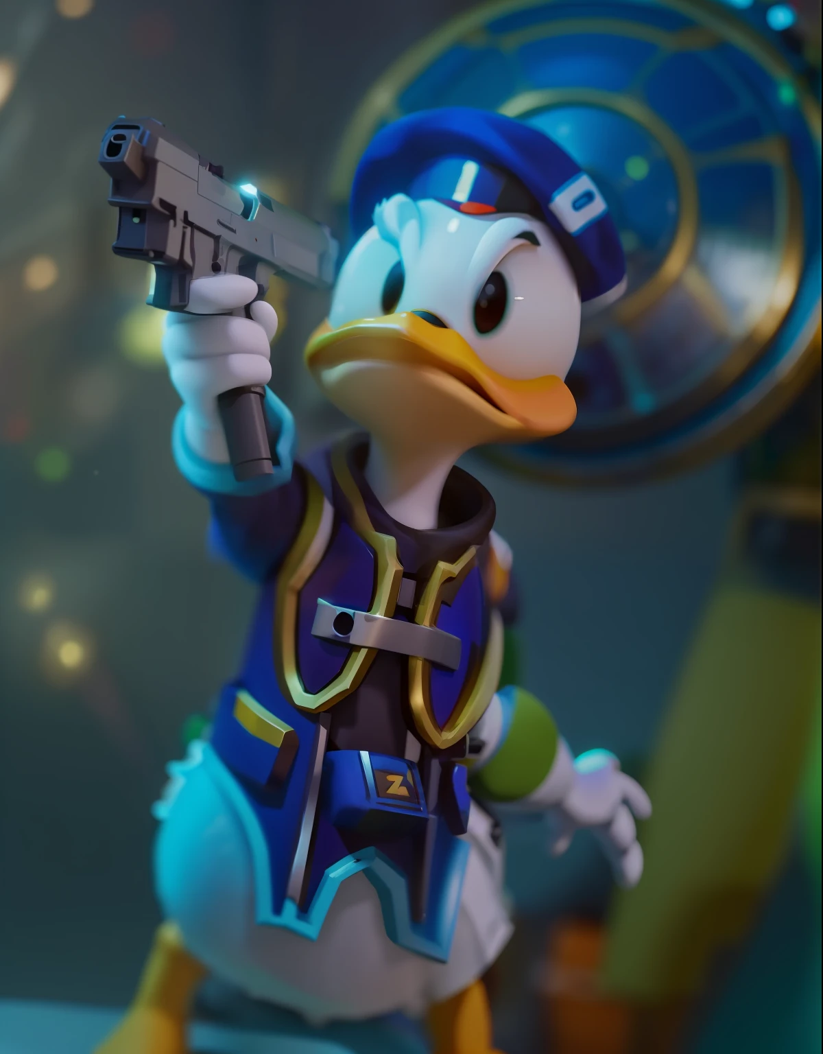 arafed duck with a gun in his hand and a hat on, donald duck in real life, donald duck, armored duck, donald duck as an astronaut, subject= duck, kathy zyduck, inspired by Jacob Duck, he has a pistol, he has a pistol!!, from kingdom hearts, robocop duck, detailed duck, falco lombardi from starfox