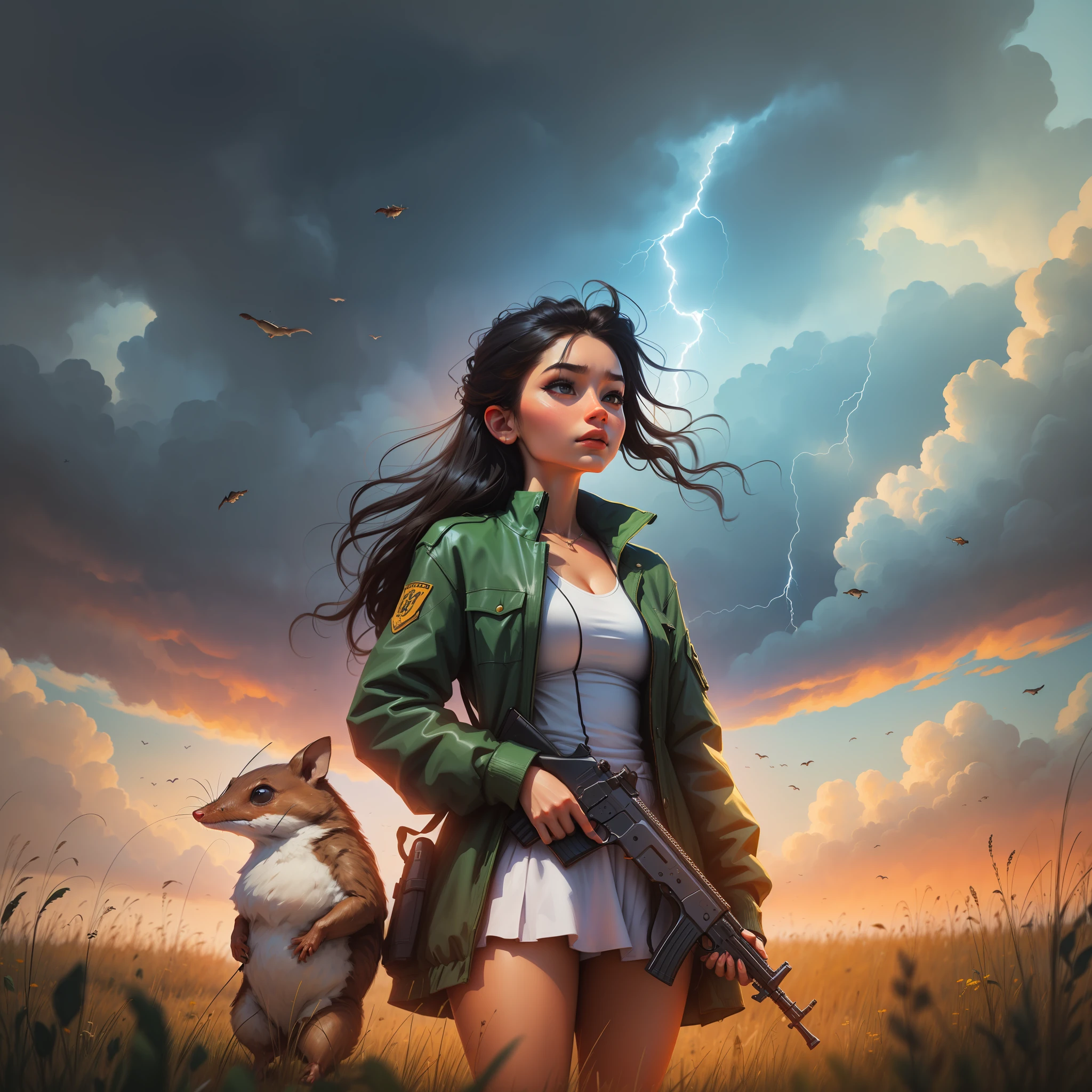 (A pretty girl, a shrew and a gun), watching the thundering sky