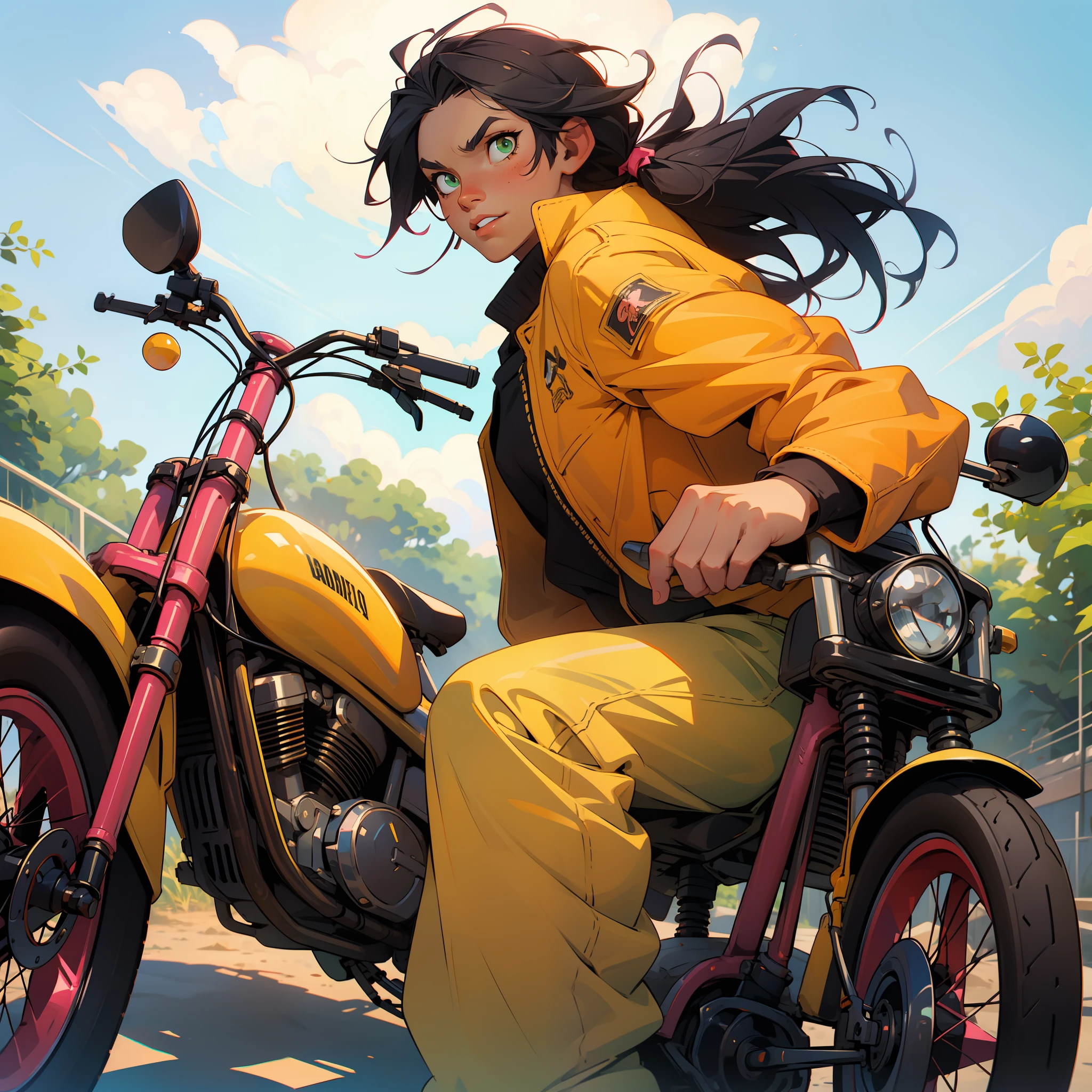 A cowboy, riding a tricycle, yellow cowboy outfit, young, pink firearm, high quality, anime, 2d, green eyes, black hair, tall, light skin.