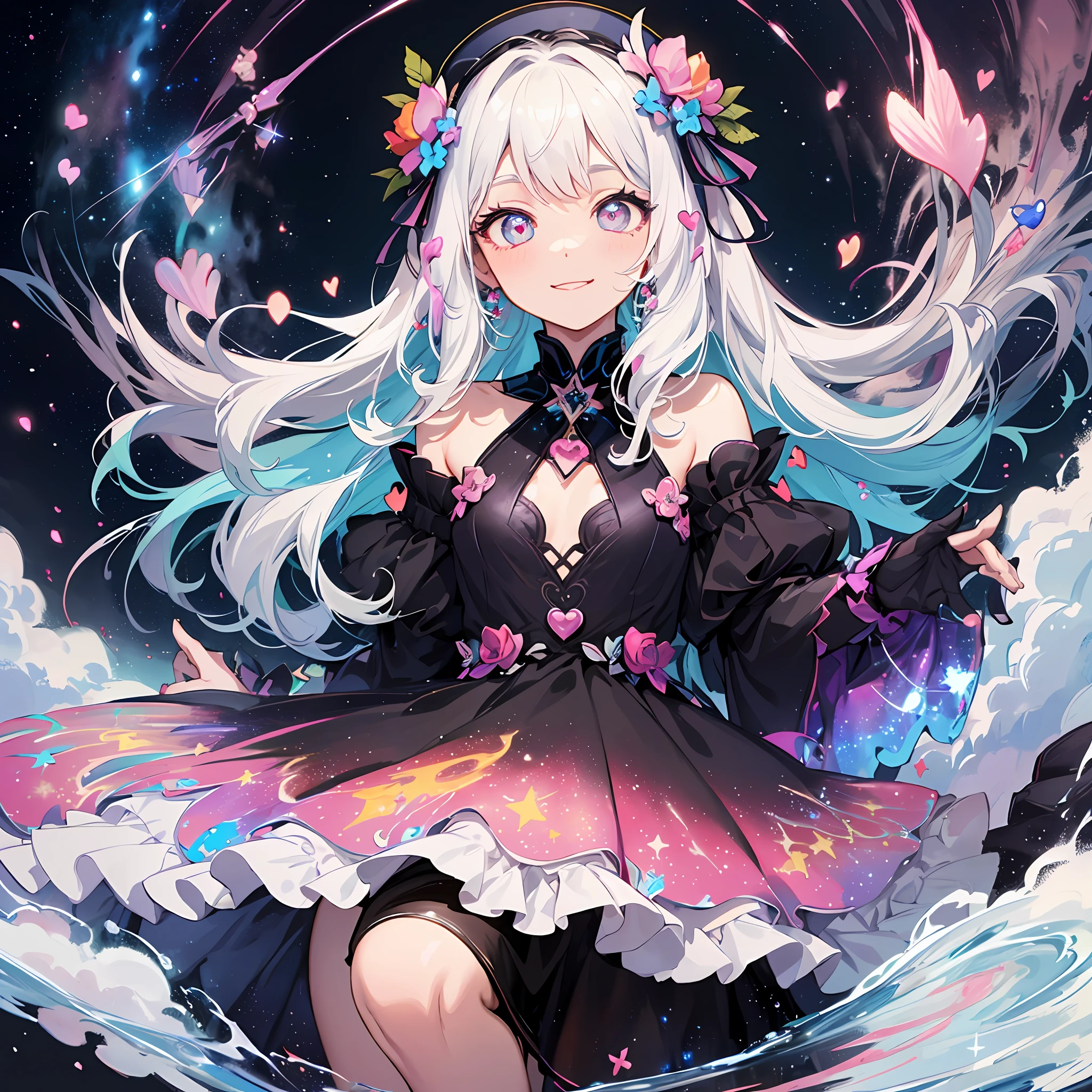 (thick thighs), (Curvy), White Hair, (Red Eyes), 1 girl, Pale Skin, (Two-Tone Hair), Eyelashes, Smile, Gleaming Skin, Shiny Hair, Long Hair, Night Sky, Nebula, Galaxy, (stars, hearts), looking at you, anime, beautiful anime eyes, beautiful detailed eyes, eyes, glittering eyes, (Neon), Angelic, Halo, Flowers, (Colorful Hair, Rainbow Hair, Liquid, Water, cloud, Starry), Sleepy Eyes), (Lolita Dress, Detailed Dress, Cute Dress, Fluffy Dress,), anime, niji, style, (Flat)