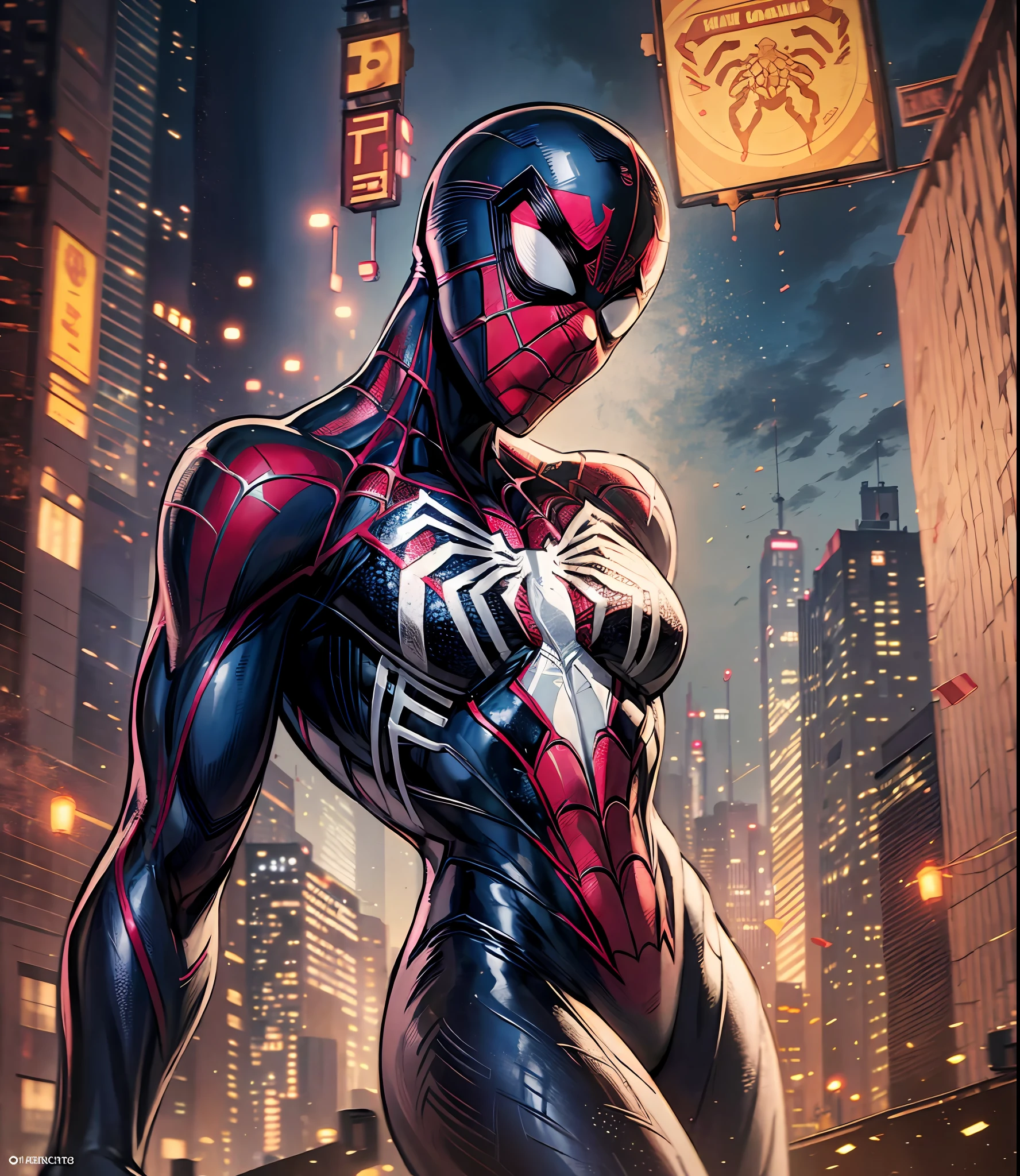 spider man, organic-looking outfit, gooey testura, symbiote, white eyes, fine art, cinematic scene, highly detailed detailed cinematic rendering, ultra photorealistic raytricing, with cinematic lighting