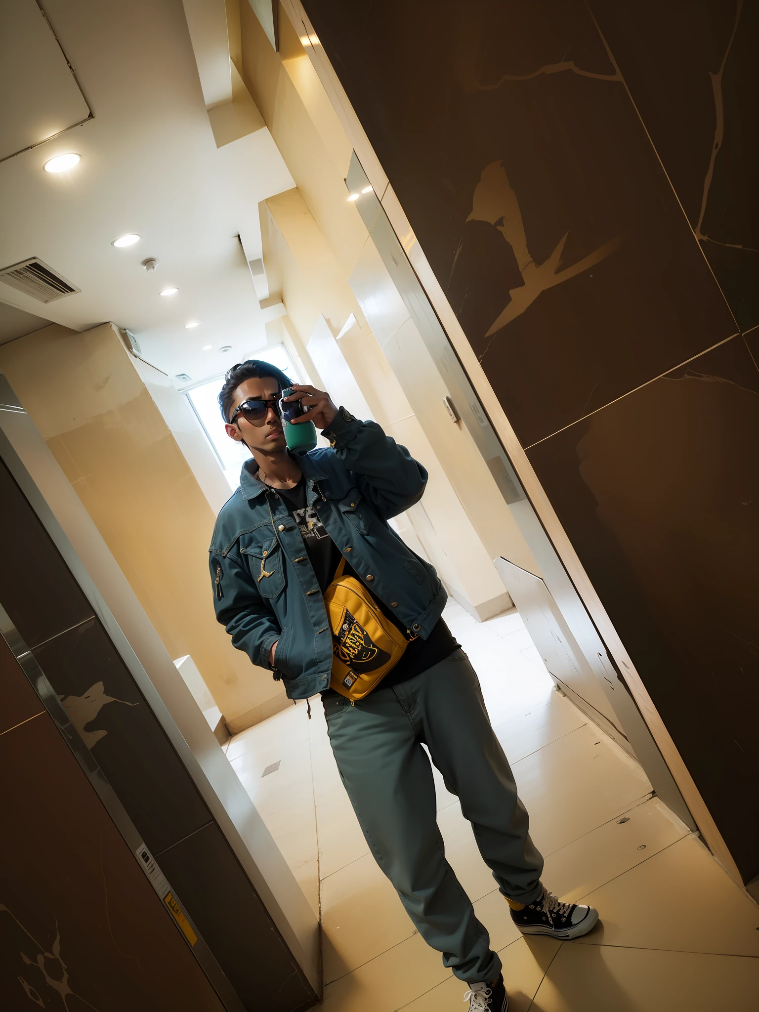 Tan-colored sunglasses, cross-body yellow bag, denim jacket, jeans, Converse skateboard shoes, golden section head-to-body ratio