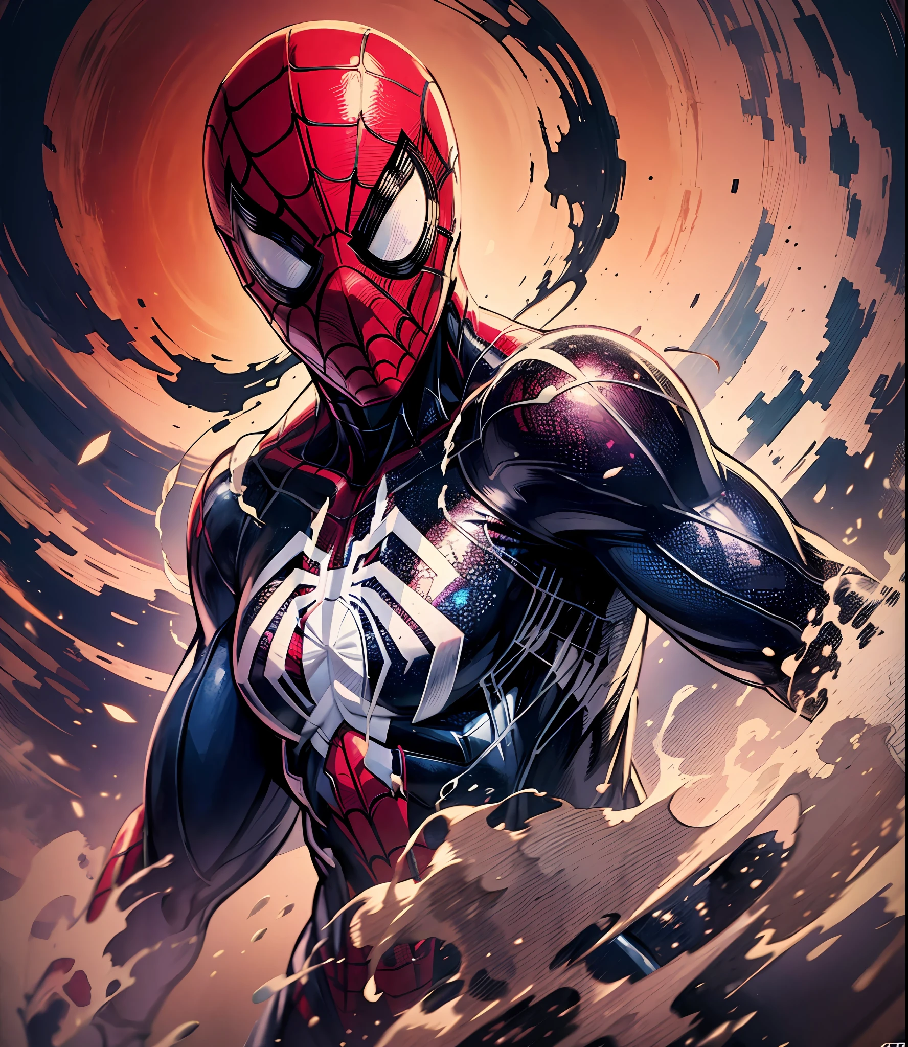 spider man, organic-looking outfit, gooey testura, symbiote, white eyes, fine art, cinematic scene, highly detailed detailed cinematic rendering, ultra photorealistic raytricing, with cinematic lighting
