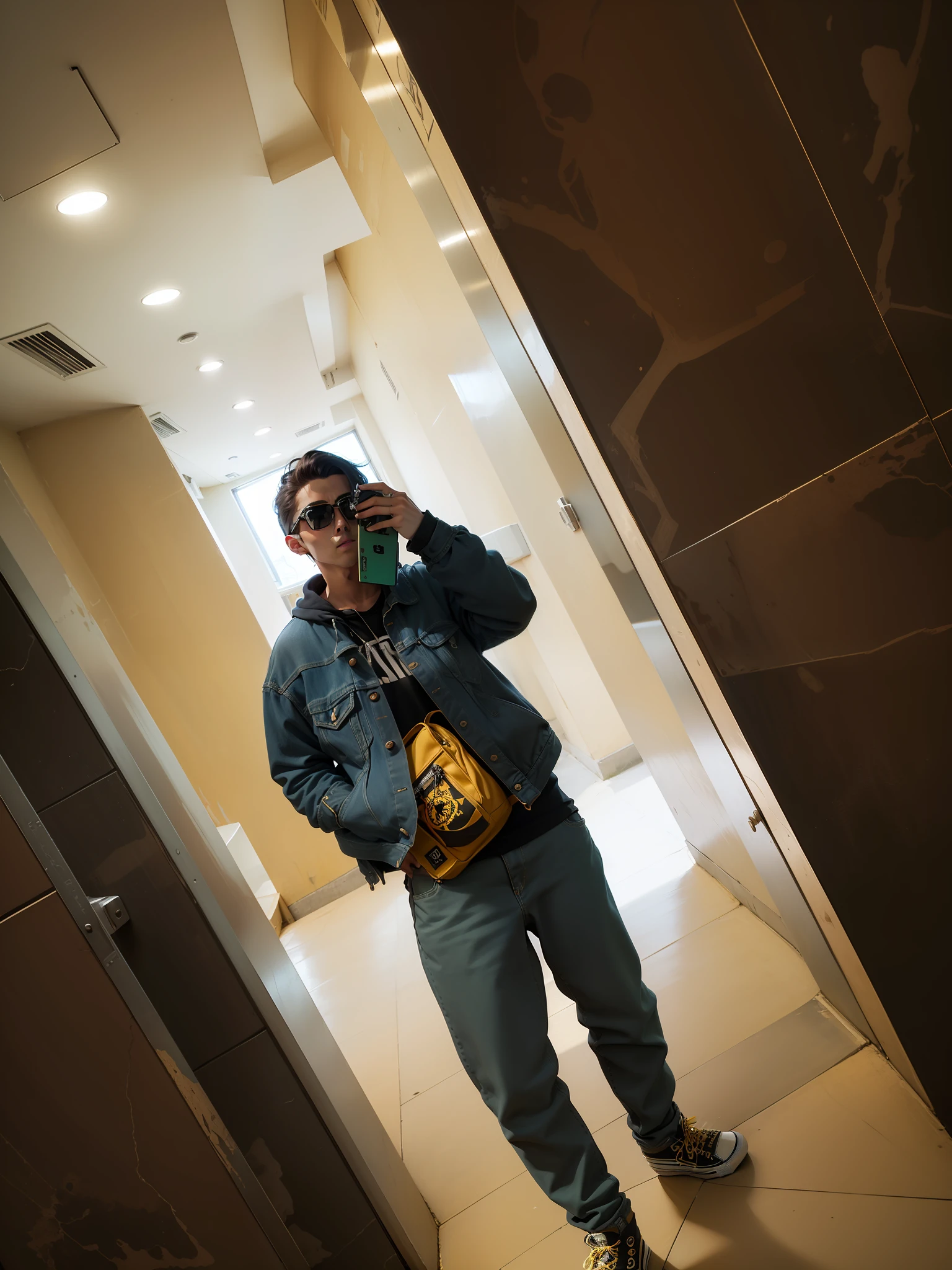 Tan-colored sunglasses, cross-body yellow bag, denim jacket, jeans, Converse skateboard shoes, golden section head-to-body ratio