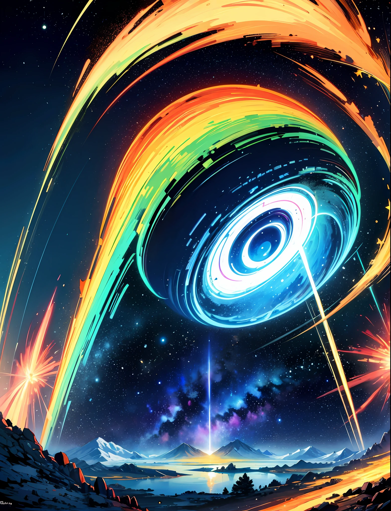 Masterpiece, neon stars, magic around, god, truth, anticipation, depth, insight, understanding, mountain, galactic lush translucent clouds, spectrum, panorama, star cycle, cycle, round eye, planet, earth, truth, knowledge, power, energy, top of the world