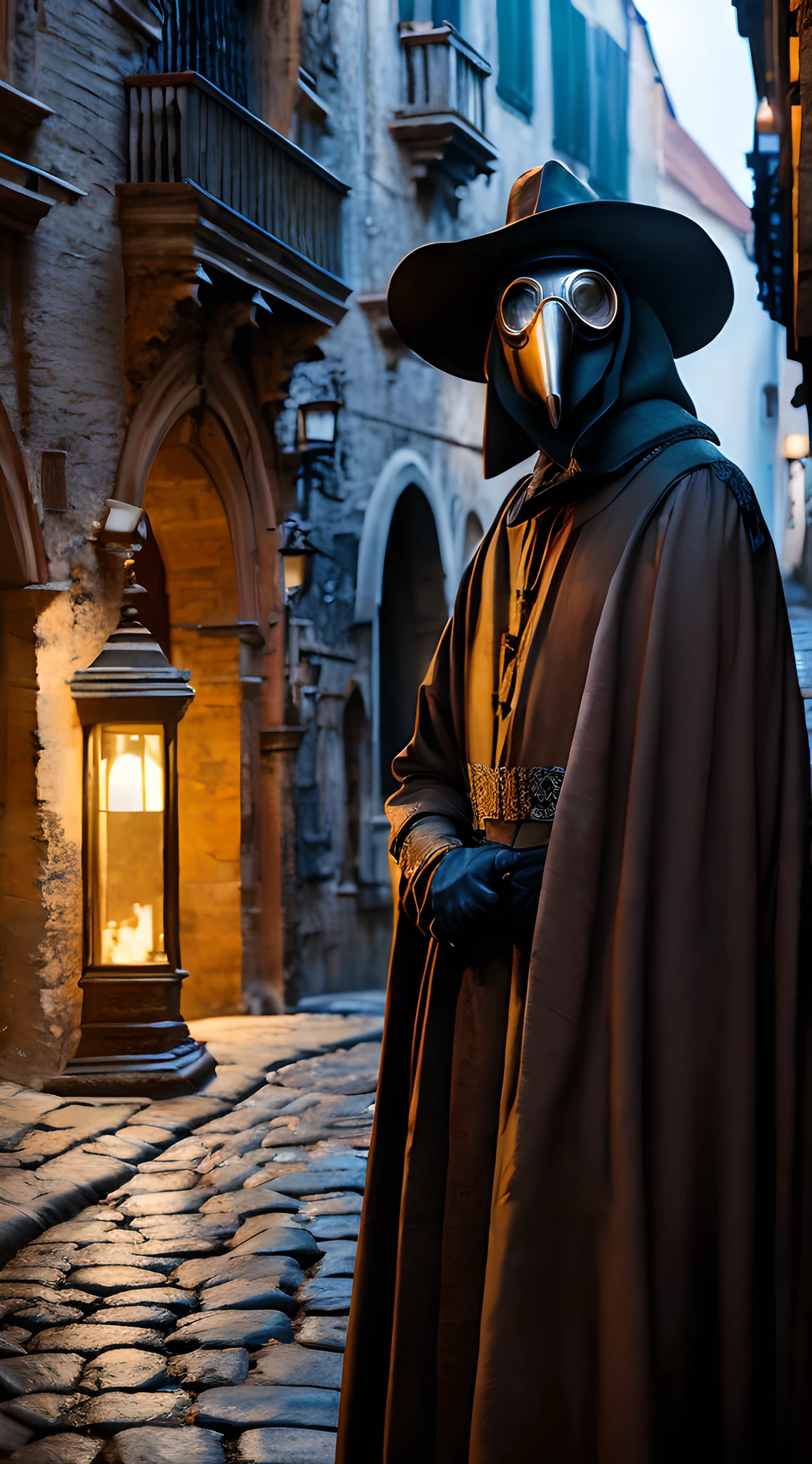 (masterpiece, 8K, UHD, photo-realistic:1.3), haunting medieval plague doctor, dressed in an iconic outfit, (ominous bird-like mask:1.2), roaming the dark alleys of medieval Venice, Italy, narrow cobblestone streets, flickering lanterns casting eerie shadows, plague-infected people, (cowering and hiding:1.2), fear etched on their faces, desperate to evade the doctor's presence, 14th-century bubonic plague era, dark and foreboding atmosphere, influenced by Greg Rutkowski's style, high contrast, intense emotion, diagonal composition, looking at viewer.