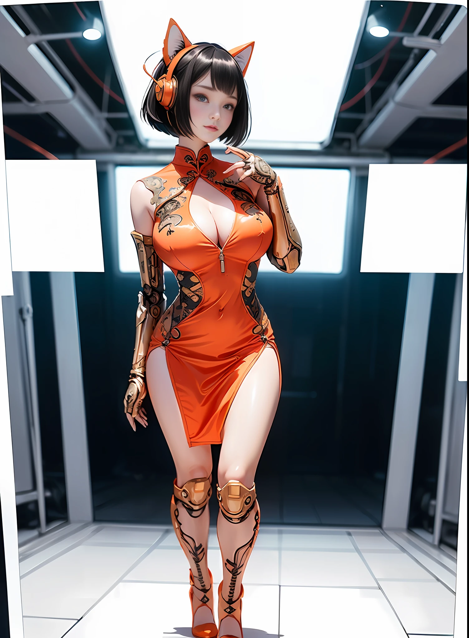 1girl, long hair, black hair, blue eyes, smirk smile, cyberhanfu, cheongsam, cyberwall, cyber city, sitting inside a bar, mechanical parts, cat ear, wolf ear, porcelain skin, tan skin, orange clad, orange armor, orange body suit, white gloves, white headset, wolf tail, open thigh, (((open navel))), revealing breast, (((huge breast))), ((cleavage)) , (masterpiece:1.5), (intricate detail:1.5), (cinematic:1.5), inside a machinery contraption, glass vials, messy room, cables, wires, machinery walls, giant magnet, standing in laboratory, back view, (extreme wide view:1.5)