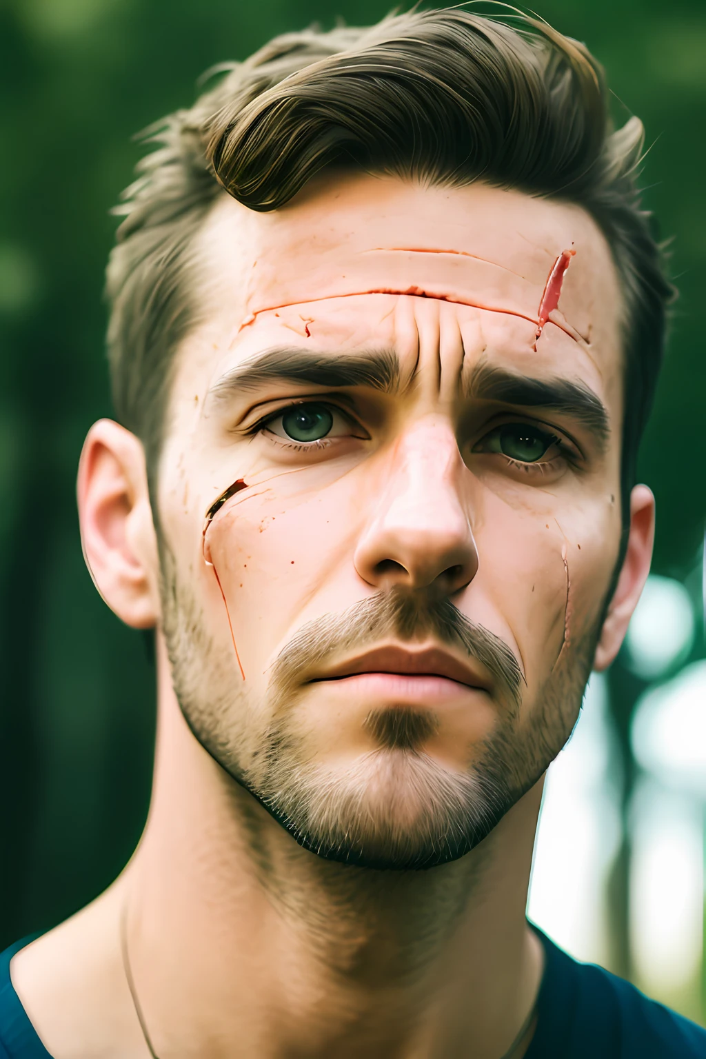 Dramatic portrait of a man, short hair, large scar on face, 35mm lens focal length, 8K, ultra realistic