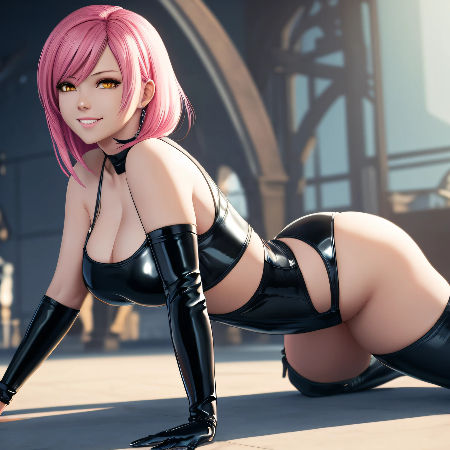 There is a woman in a black latex outfit, mask, just one woman, yellow eyes, in position of all fours and showing her ass, very sexy outfit, smiling, photorealistic anime girl render, 2b, Tifa Lockhart with pink hair, sexy outfit, thick and smooth thighs warframe, hyperrealistic student, bright white skin, perfect body shaded realistic, nier inspired, Thicc, sexy dominant pose, photorealistic perfect body --auto