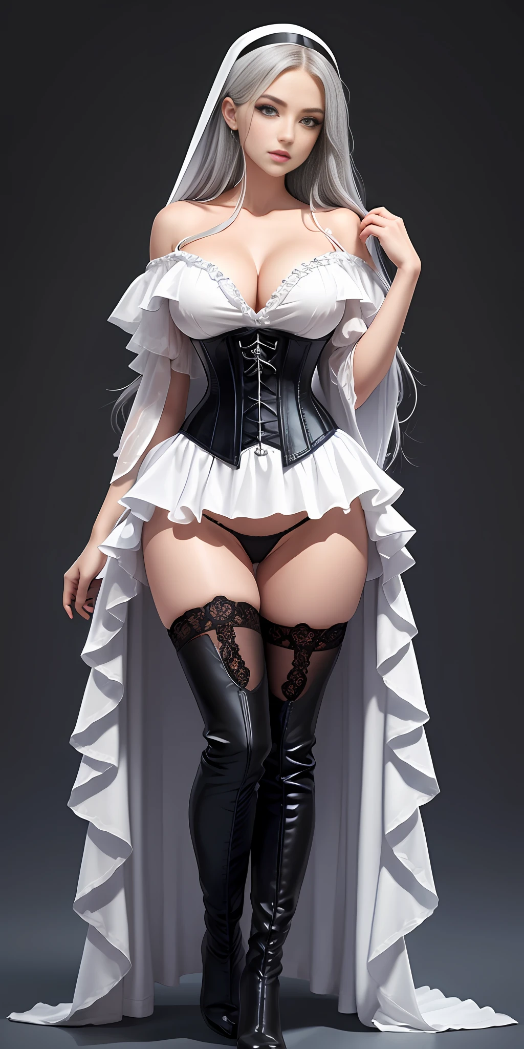 [black:aqua:0.65] theme, masterpiece, masterpiece of a girl, detailed visual art, blue eyes, silver hair, long hair, collarbone, queen, mature, elegant, gorgeous nun dress, corset piercing, detailed layered skirt, [detailed frills: 0.1], [frilled dress: 0.1], embroidery, [detail skirt: 0.1], off-the-shoulder, exposed panties, big breasts: 1.3, open crotch, thigh seam, groin, no panties, high heeled over-the-knee boots, [NSFW|uncensored], (simple background: 1.1), low wing, full body