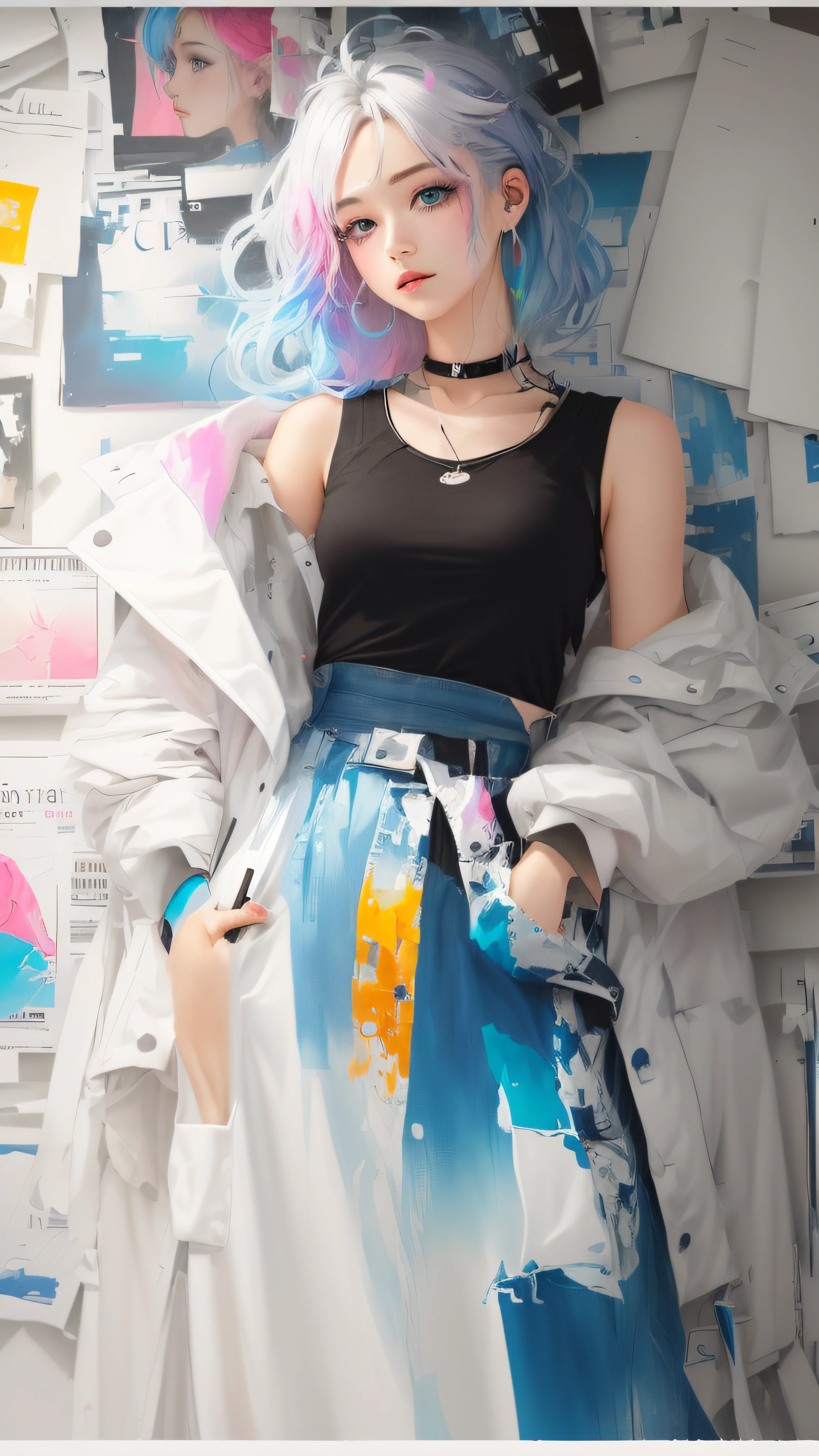 A woman standing in front of the wall holding a file, Alphad image of a short shirt and jacket, post-apocalyptic atmosphere, soft cyberpunk style, white fashion clothes, torn cut T-shirt, she is wearing streetwear, exposed belly, streetwear, anime atmosphere, Guvez style artwork, cute casual streetwear, (pink fashion t-shirt: 1.9), (colorful hair: 1.8), (rainbow all colors: 1.8), ((vertical painting: 1.6))), (Painting: 1.6), Front, Comics, Illustration, Drawing, Big Eyes, Crystal Clear, (Rainbow Gradient High Ponytail: 1.7), Delicate Makeup, Shut Up, (Small Freshness: 1.5), (Baneau: 1.6), Long Eyelashes, White Off-the-Shoulder T-shirt, White Shoulder Shirt, Looking at the Audience, Big Watery Eyes, (Rainbow Hair: 1.6), Color Splash, (Solo: 1.8), Color Splash, color explosion, colour splash, color explosion, ((shining)) ,(colorful), (colorful), (colorful), colorful, thick paint style, (splash) (color splash), vertical painting, Upper Body, Paint Splash, Acrylic Pigment, Gradient, Paint, Highest Image Quality, Masterpiece, Solo, Depth of Field, Face Paint, colorful clothes, (Elegance: 1.2), Gorgeous, Long Hair, Wind, (Elegance: 1.3), (Petals: 1.4), (((masterpiece))), ((best quality))), ((super detailed)), (illustration), (dynamic angle), ((floating)), (paint), ((loose hair)), (solo), (1girl), (detailed anima face))), ((beautiful detailed face)), collar, exposed shoulders, gray hair, ((colored hair)), ((striped hair)), beautiful detailed eyes, (gradient eyes), ((( (colored eyes))),(((colored background)))),(((high saturation))),((surrounded by colored splashes)))),