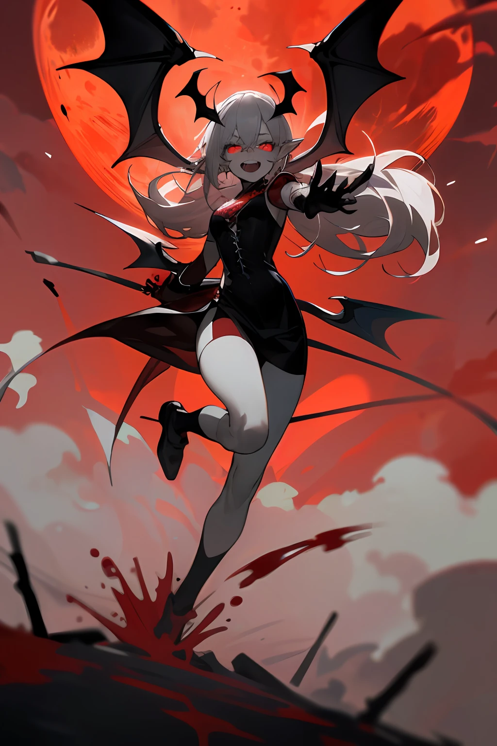 (Masterpiece: 1.2, best quality), (best lighting, very delicate and beautiful), (best lighting, very delicate and beautiful), (beautiful detailed face), (detailed eyes and detailed face: 1.2), dark fantasy, vampire, (young girl, little beast, 1girl, solo, crazy smile, pale skin, gray hair, red glowing eyes, blood tears, dynamic angles, dynamic poses, vampires, vampire fangs), (get vampire castle in the background), (red moon, red sky), pointy_ears, fangs, bat wings, demon horns, ((blood on the face))), blood rain, blood fog, (depth of field), high contrast, (blood splash: 1.4), cowboy shot, full body,