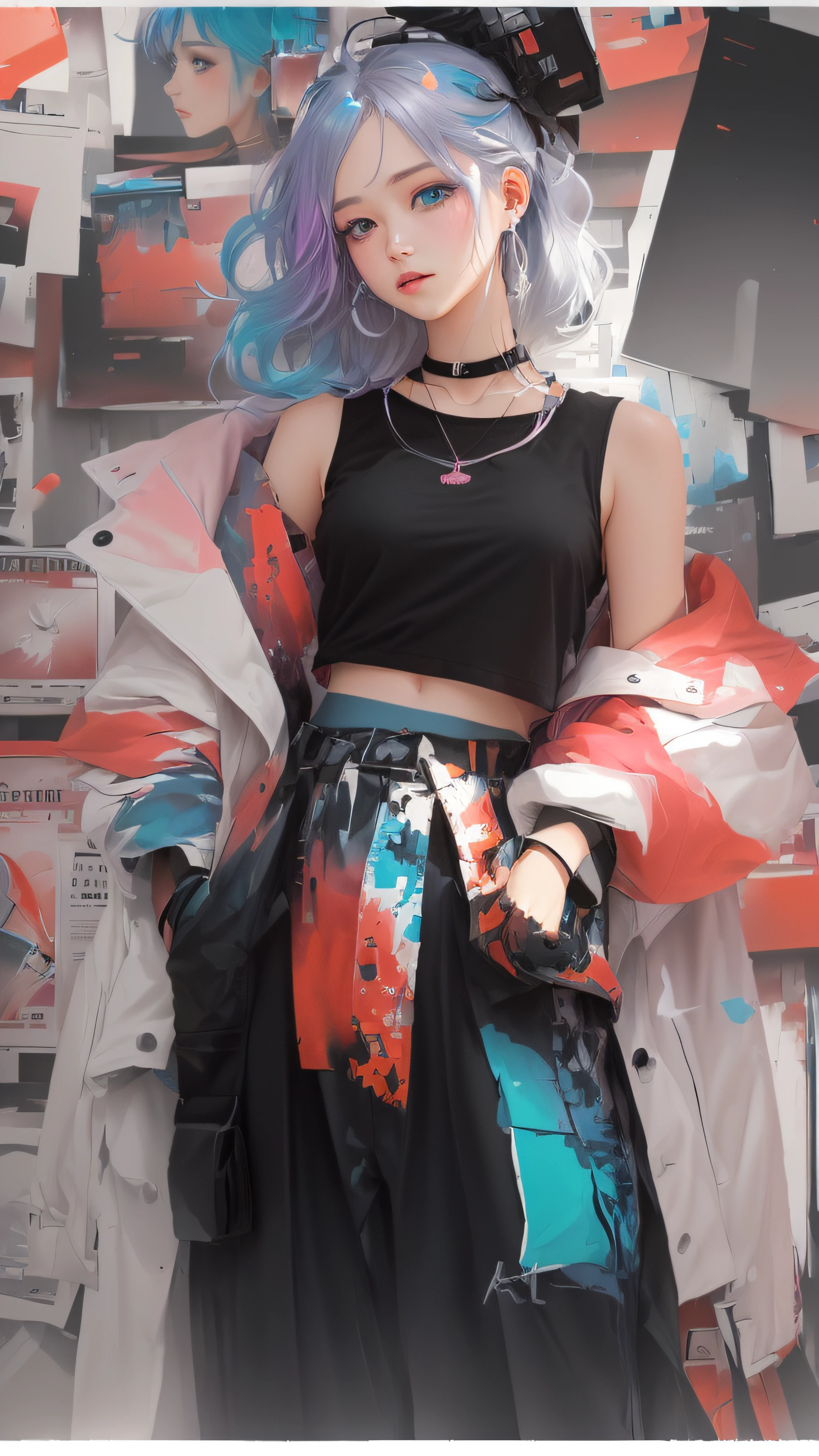 A close up of a person with a colorful hair and a black top - SeaArt AI