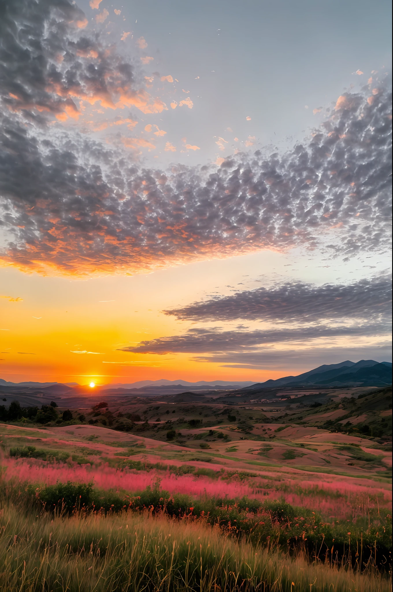 Absolutely mesmerizing sunset with a mix of orange, pink and yellow in the sky. The scene is dynamic and breathtaking, with endless grasslands full of small flowers in the distance, and mountains looming in the distance immersed in a calm atmosphere that allows tranquility to envelop you.