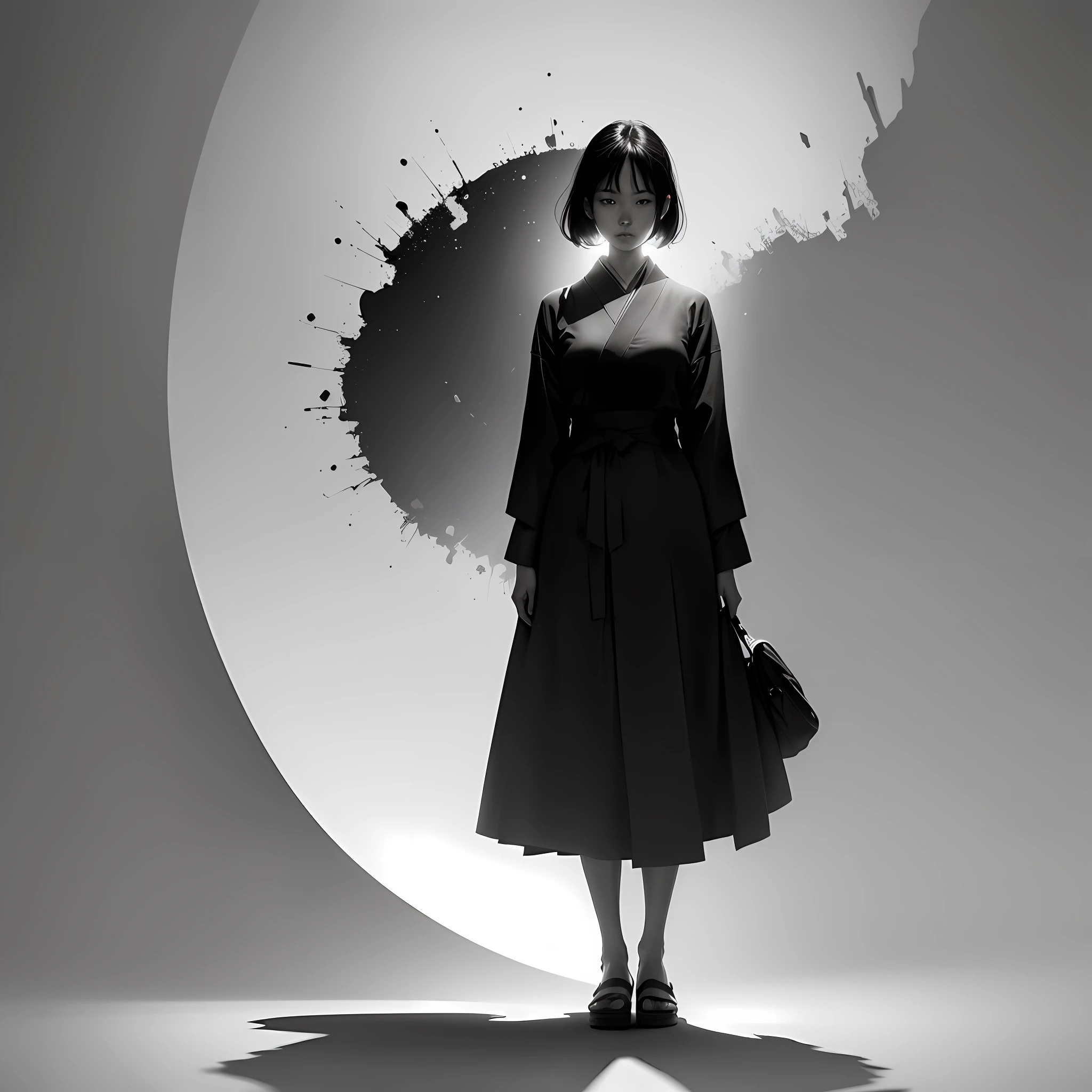 drawing of a japanese woman standing straight with white background, her face is visible, zoomed out, full body silhouette, abstract, contemporary aesthetic, grainy graphic style, 4d, 8k --auto