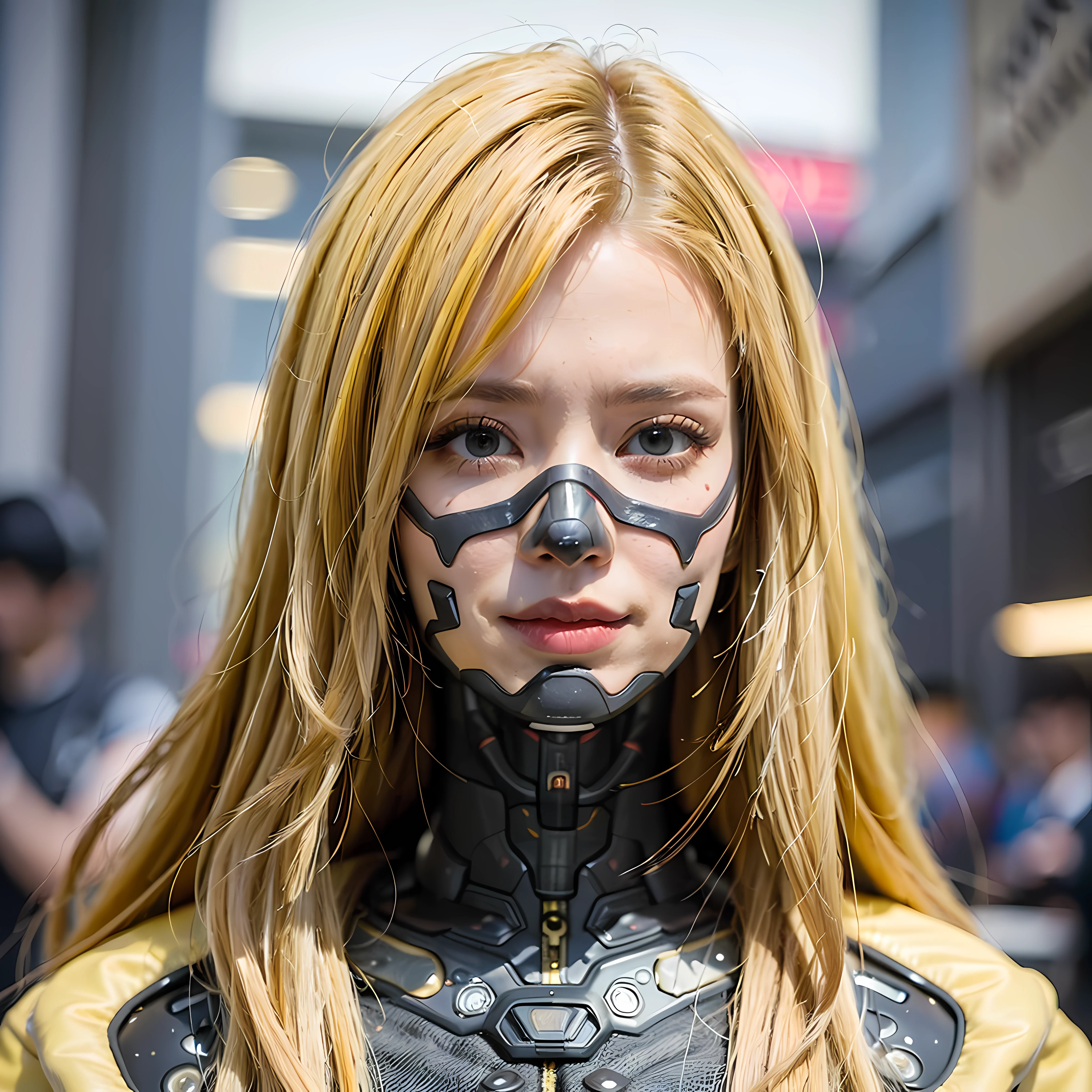 (Photorealistic:1.4), (Best Quality:1.0), (Super Resolution:1.0), (8K, Original), (Masterpiece:0.2), Portrait, Face Focus,
(Cybernetic_Jawless), (mask), mechanical parts, cybernetics, 1 girl, asian girl, jacket, (long hair:1.5), (yellow hair:1.5),
Cyberpunk Street background, (neon: 1.2),