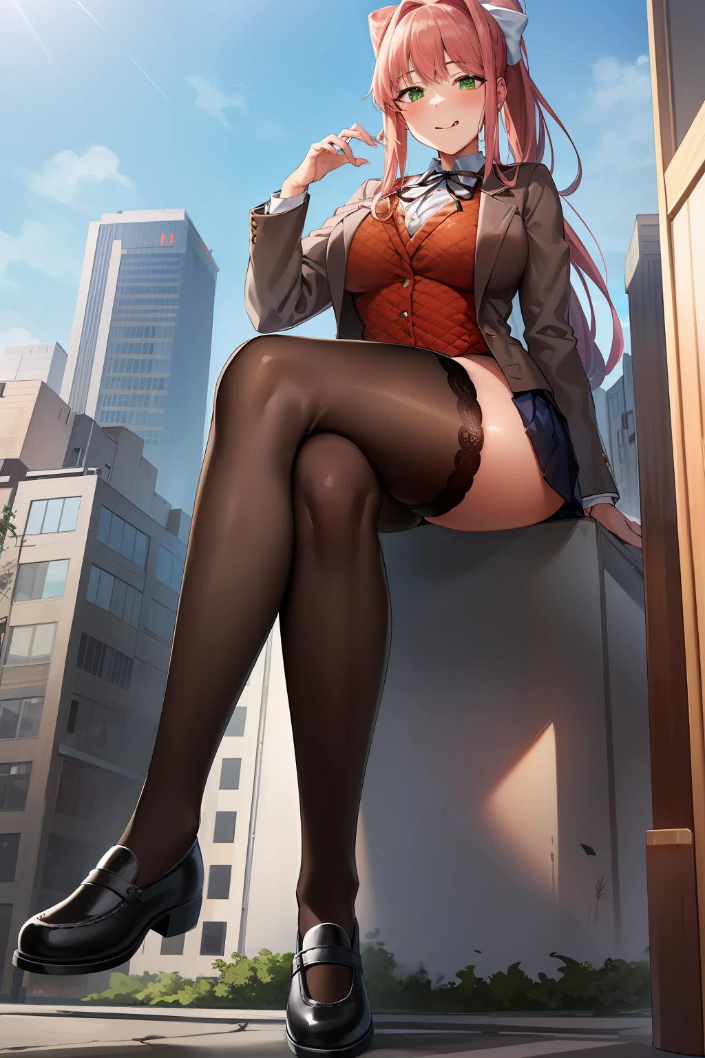 2d, masterpiece, best quality, anime, highly detailed, 1girl, solo, monika, green eyes, very long hair, ponytail, school uniform, straight-on, smile, (full body:1.5), giantess, smile, (from below:1.5), thick thighs, looking down at viewer, upskirt, (large breasts:1.3), field, (looming:1.3), mature female, high quality, hd quality, masterpiece, photorealistic, shoe soles, close-up foot, intense angle, :d, (sitting on building:1.6), very low angle, female pervert, toragao, crossed legs, closed mouth, (licking lips, licking own lips:1.1), (sitting:1.5), (white undershirt, orange sweater:1.2), (brown jacket:1.4), (absolute territory, black thighhighs:1.4), (uwabaki:1.5), full body in frame,