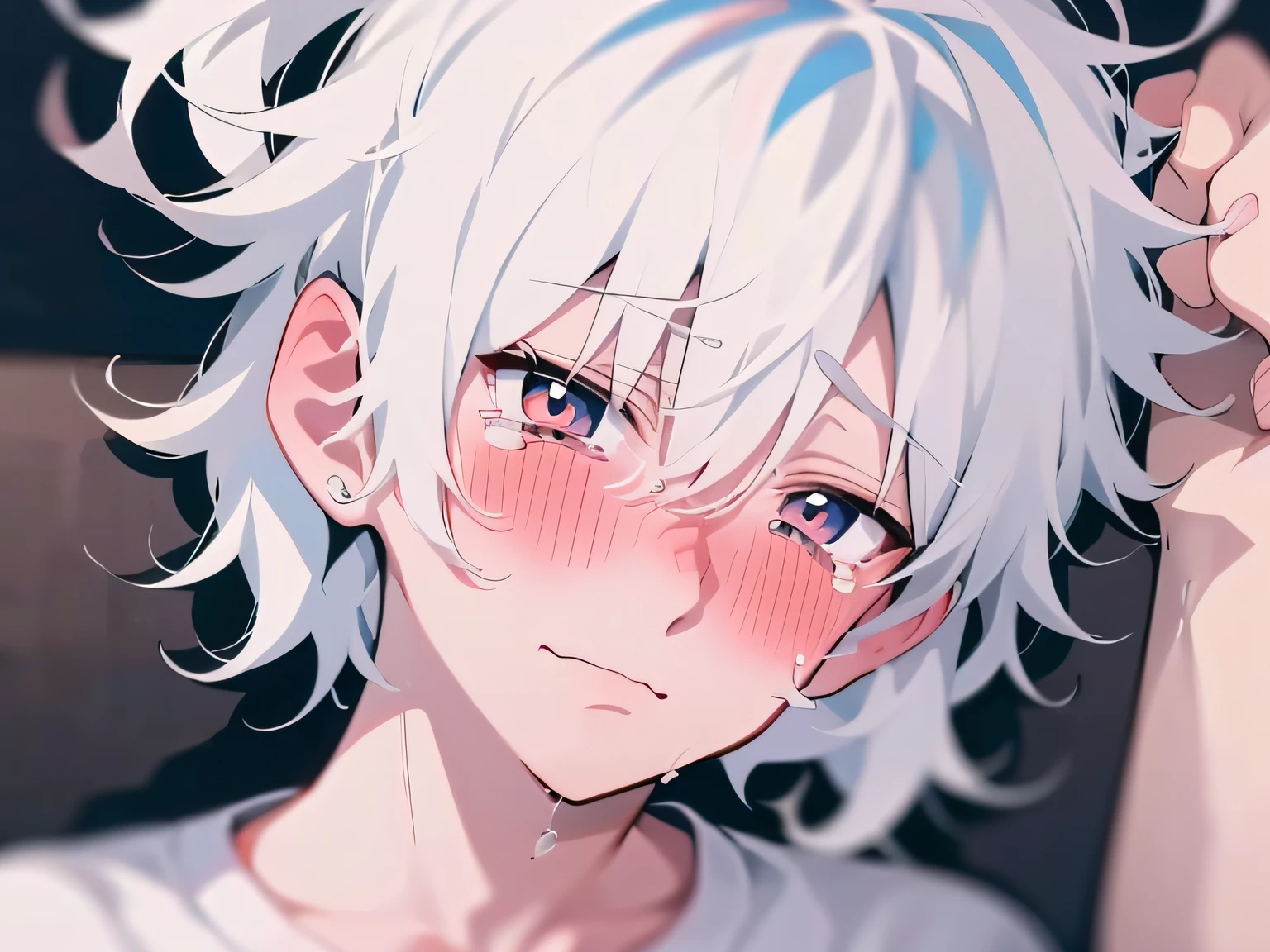 (anime style + soft cute) boy, white hair, white shirt, shy, blush, ground + close-up, tears.