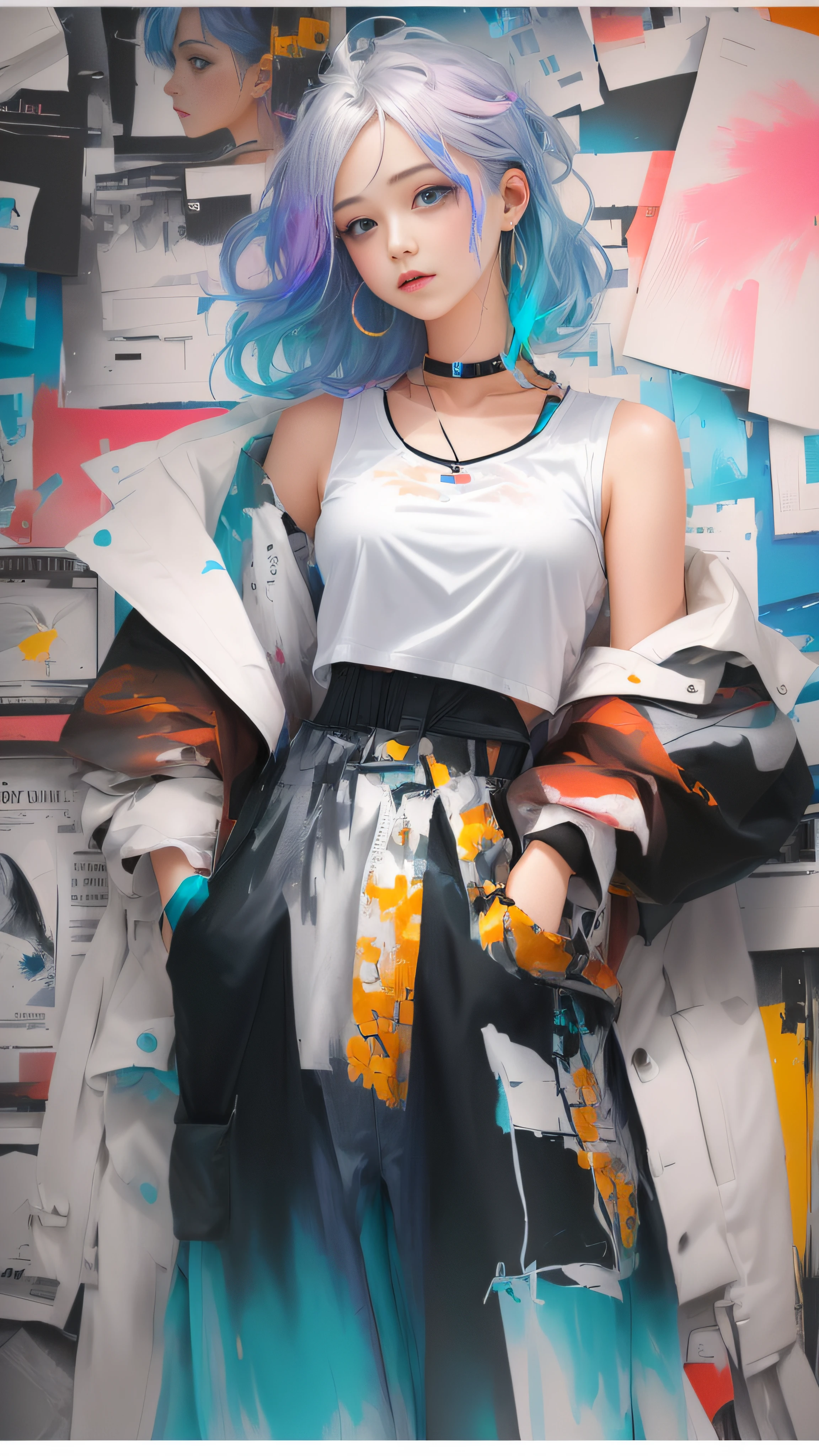 A woman standing in front of the wall holding a file, Alphad image of a short shirt and jacket, post-apocalyptic atmosphere, soft cyberpunk style, white fashion clothes, torn cut T-shirt, she is wearing streetwear, exposed belly, streetwear, anime atmosphere, Guvez style artwork, cute casual streetwear, (pink fashion t-shirt: 1.9), (colorful hair: 1.8), (rainbow all colors: 1.8), ((vertical painting: 1.6))), (Painting: 1.6), Front, Comics, Illustration, Drawing, Big Eyes, Crystal Clear, (Rainbow Gradient High Ponytail: 1.7), Delicate Makeup, Shut Up, (Small Freshness: 1.5), (Baneau: 1.6), Long Eyelashes, White Off-the-Shoulder T-shirt, White Shoulder Shirt, Looking at the Audience, Big Watery Eyes, (Rainbow Hair: 1.6), Color Splash, (Solo: 1.8), Color Splash, color explosion, colour splash, color explosion, ((shining)) ,(colorful), (colorful), (colorful), colorful, thick paint style, (splash) (color splash), vertical painting, Upper Body, Paint Splash, Acrylic Pigment, Gradient, Paint, Highest Image Quality, Masterpiece, Solo, Depth of Field, Face Paint, colorful clothes, (Elegance: 1.2), Gorgeous, Long Hair, Wind, (Elegance: 1.3), (Petals: 1.4), (((masterpiece))), ((best quality))), ((super detailed)), (illustration), (dynamic angle), ((floating)), (paint), ((loose hair)), (solo), (1girl), (detailed anima face))), ((beautiful detailed face)), collar, exposed shoulders, gray hair, ((colored hair)), ((striped hair)), beautiful detailed eyes, (gradient eyes), ((( (colored eyes))),(((colored background)))),(((high saturation))),((surrounded by colored splashes)))),