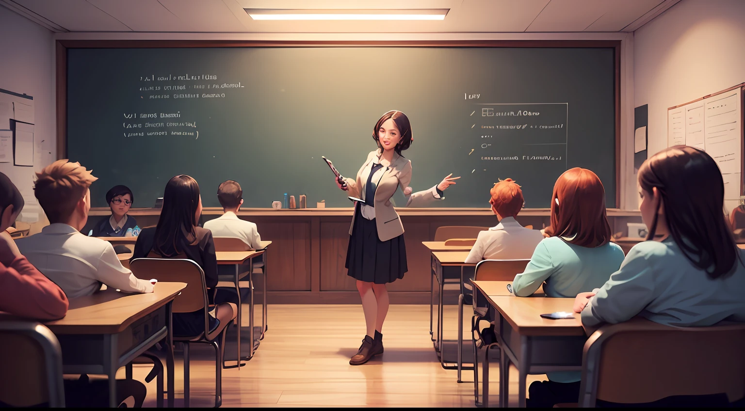 "a teacher teaching in a classroom full of attentive students and an empty jar open on the table, inspired by Lofi, Cyril Rolando and Goro Fujita, with elements of Cyril Rolando and M.W Kaluta" --auto