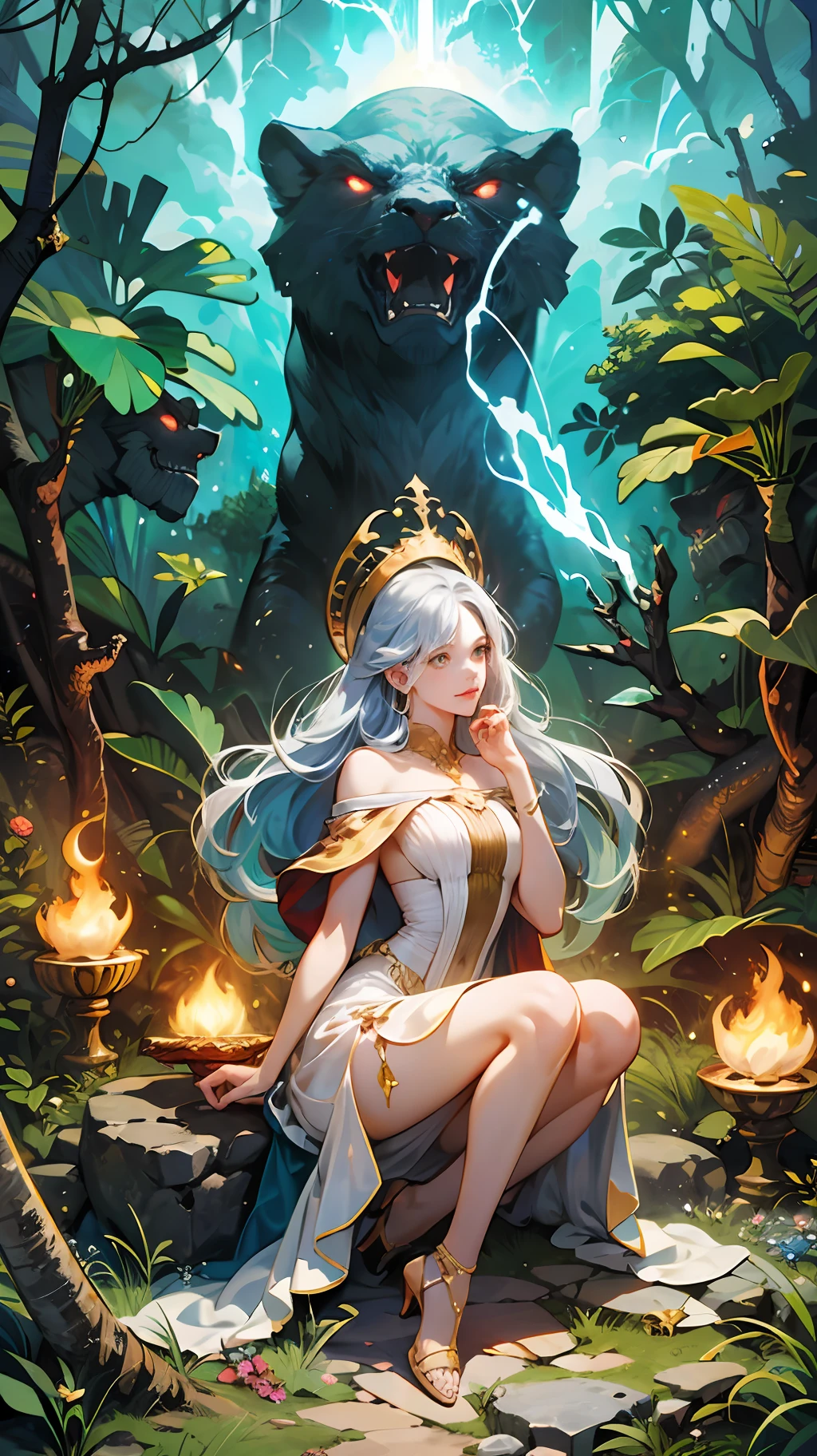 In a Final Fantasy style illustration. A powerful sorceress invokes the powers of thunder. She is very beautiful and wears a knee-length dress with straps and ruffles, heels and a pointed hat. She is in a strange place of ancient buildings half buried by the jungle. gold, silver, iridescent