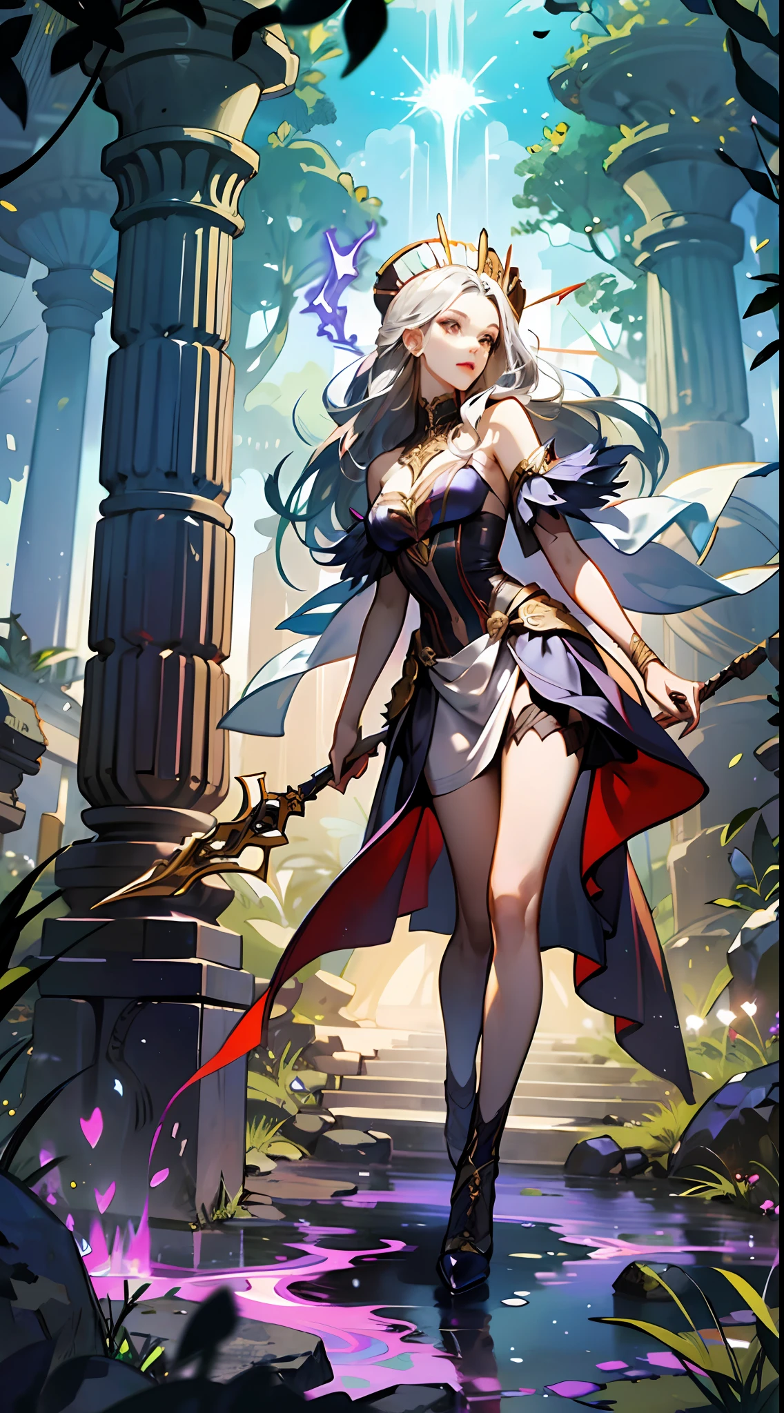 In a Final Fantasy style illustration. A powerful sorceress invokes the powers of thunder. She is very beautiful and wears a knee-length dress with straps and ruffles, heels and a pointed hat. She is in a strange place of ancient buildings half buried by the jungle. gold, silver, iridescent