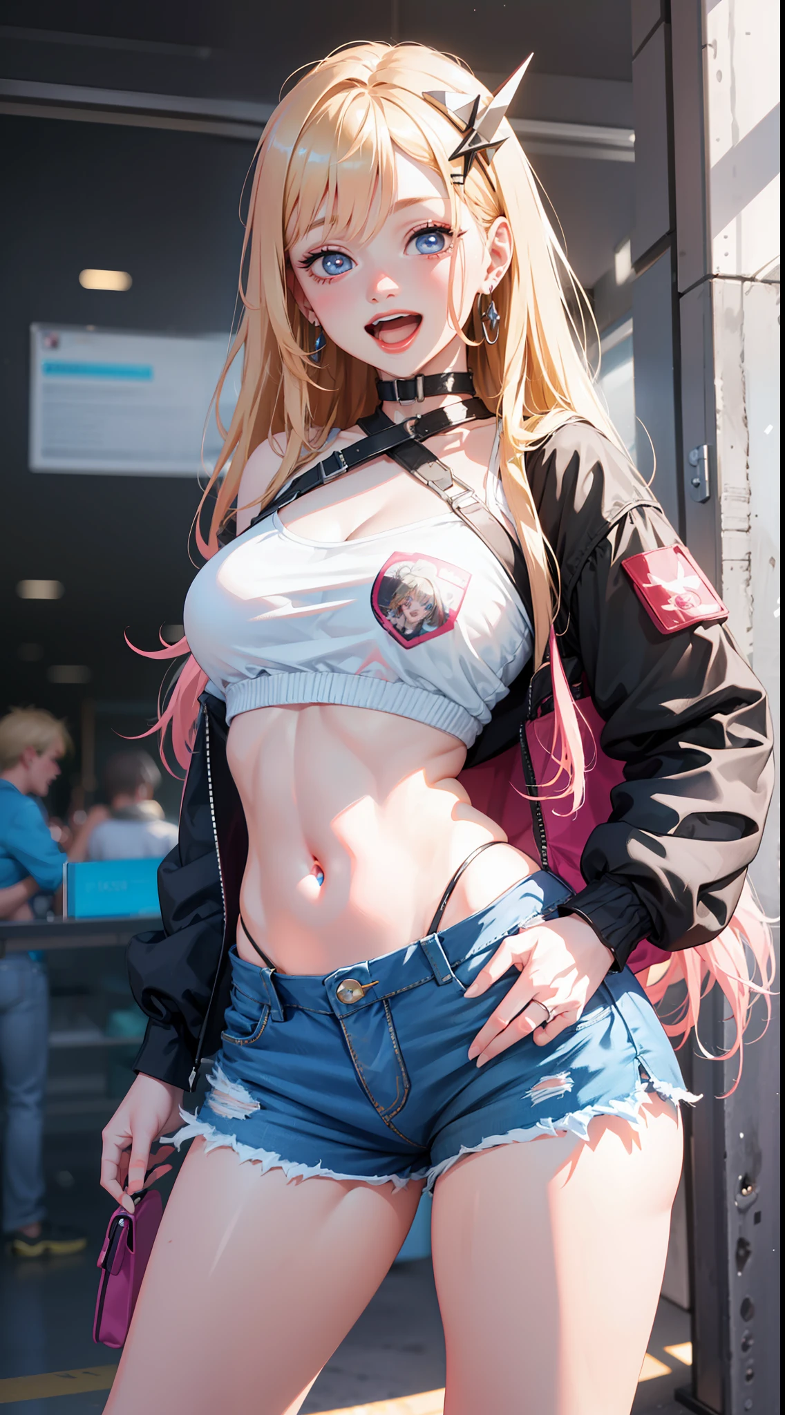 best quality,ultra-detailed,high resolution,extremely detailed cg,anime picture,unity 8k wallpaper,3d rendering,(realistic:1.5),
blond hair,blue eyes,long hair,ripped shorts,white shirt,purse,navel,looking at viewer,hair ornament,smile,pov doorway,open mouth,denim,x hair ornament,cyberpunk,