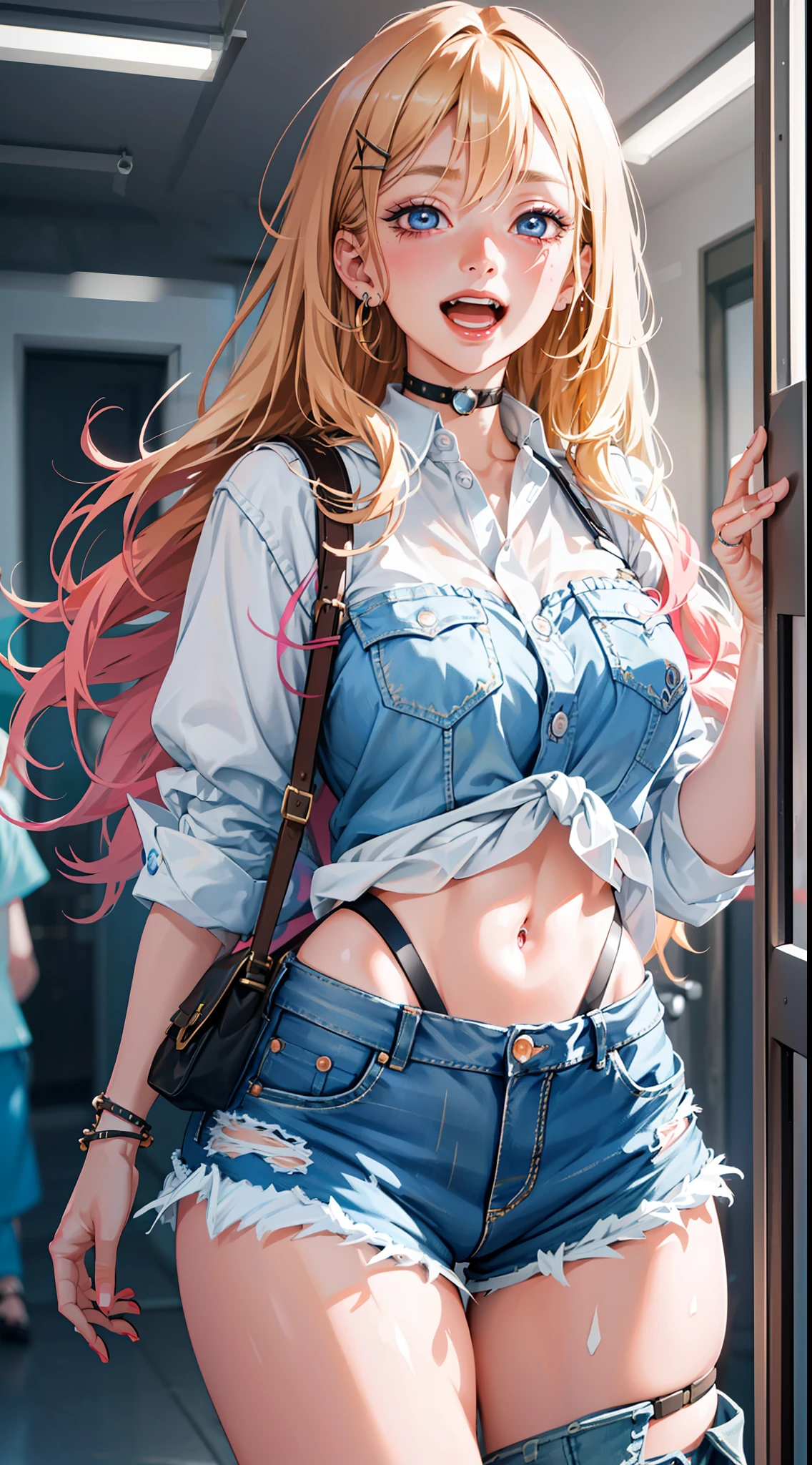 best quality,ultra-detailed,high resolution,extremely detailed cg,anime picture,unity 8k wallpaper,3d rendering,(realistic:1.5),
blond hair,blue eyes,long hair,ripped shorts,white shirt,purse,navel,looking at viewer,hair ornament,smile,pov doorway,open mouth,denim,x hair ornament,cyberpunk,