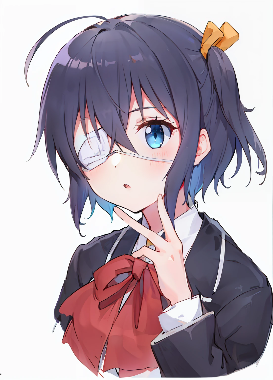 high res, masterpiece,Rikka Takanashi, black hair, solo, 1girl,outside,deatailed background, detailed eyes, ((blue eyes)), eyepatch